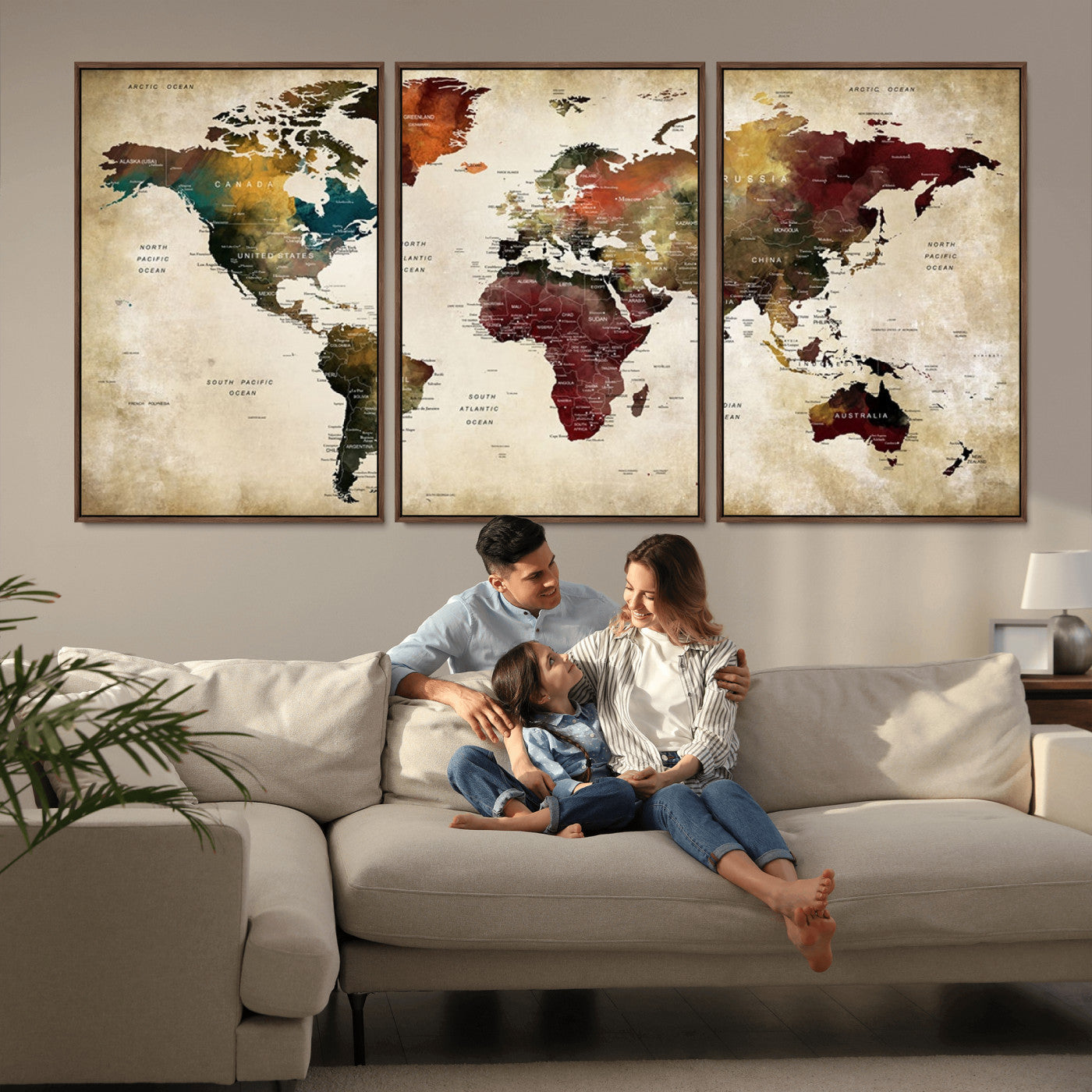 MGV-FC-60X30-3P - Large World Map Wall Art Canvas Print, Framed Push Pin Map Art Picture Print, Abstract Traveller Map Perfect Modern Decor Artwork