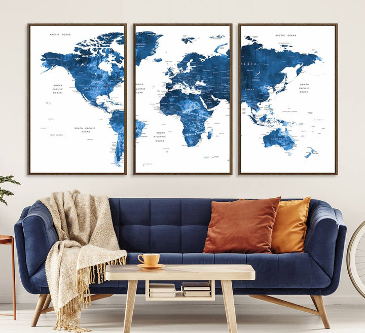 Navy Blue Wall Art World Map Canvas Print, an ideal piece for anyone seeking unique home or office decor.