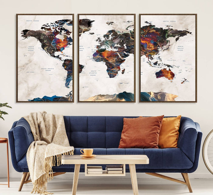 Watercolor World Map Canvas Print in earthy hues with a grunge background, ideal for wall decor.