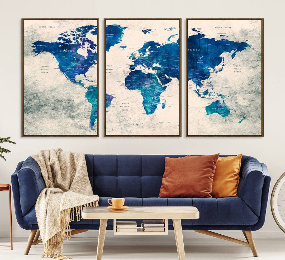 Navy Blue Push Pin World Map Canvas Print featuring a grunge-stained background, with labeled countries and oceans.