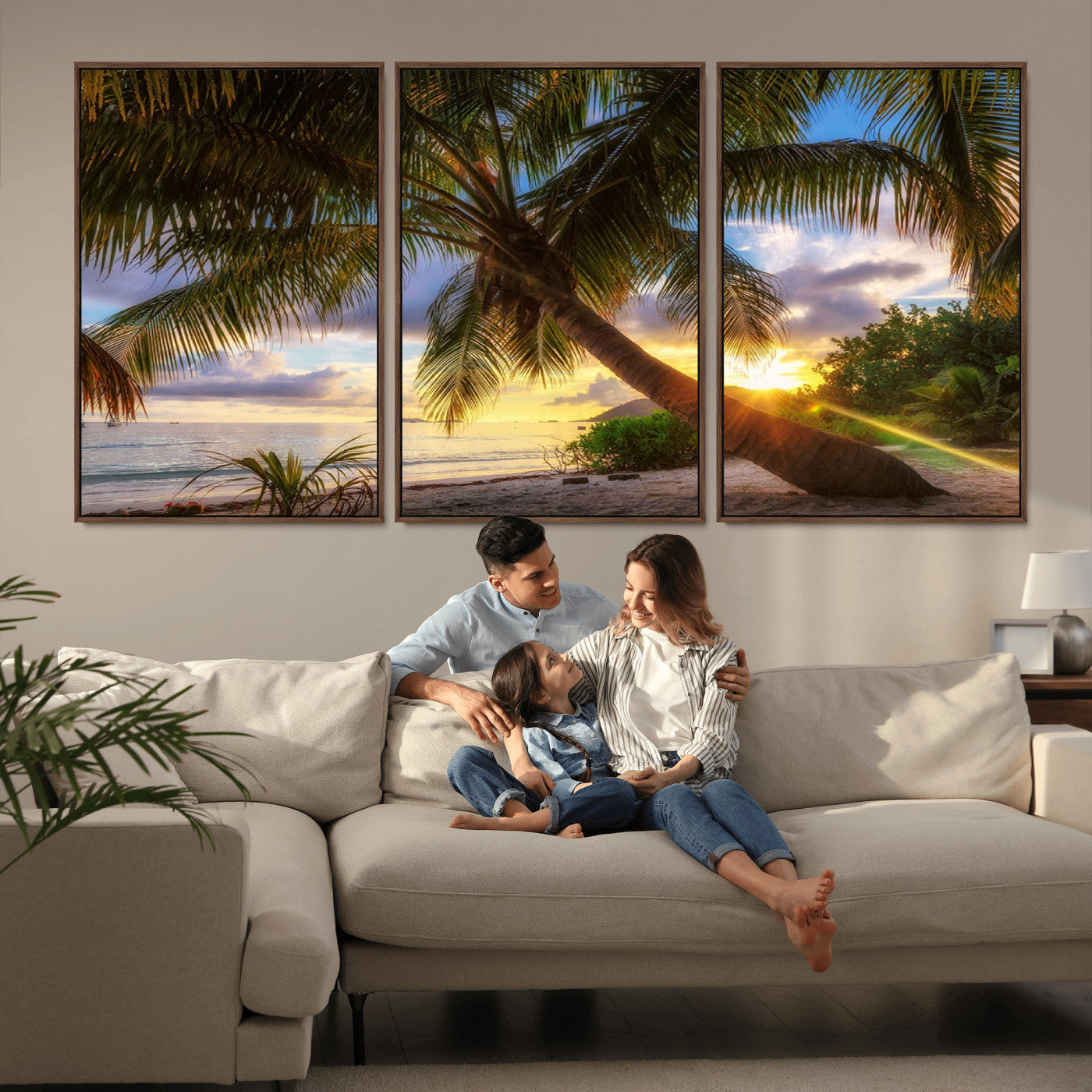 MGV-FC-60X30-3P - Tropical Island Sunset on the Beach Palms Wall Art Canvas Print