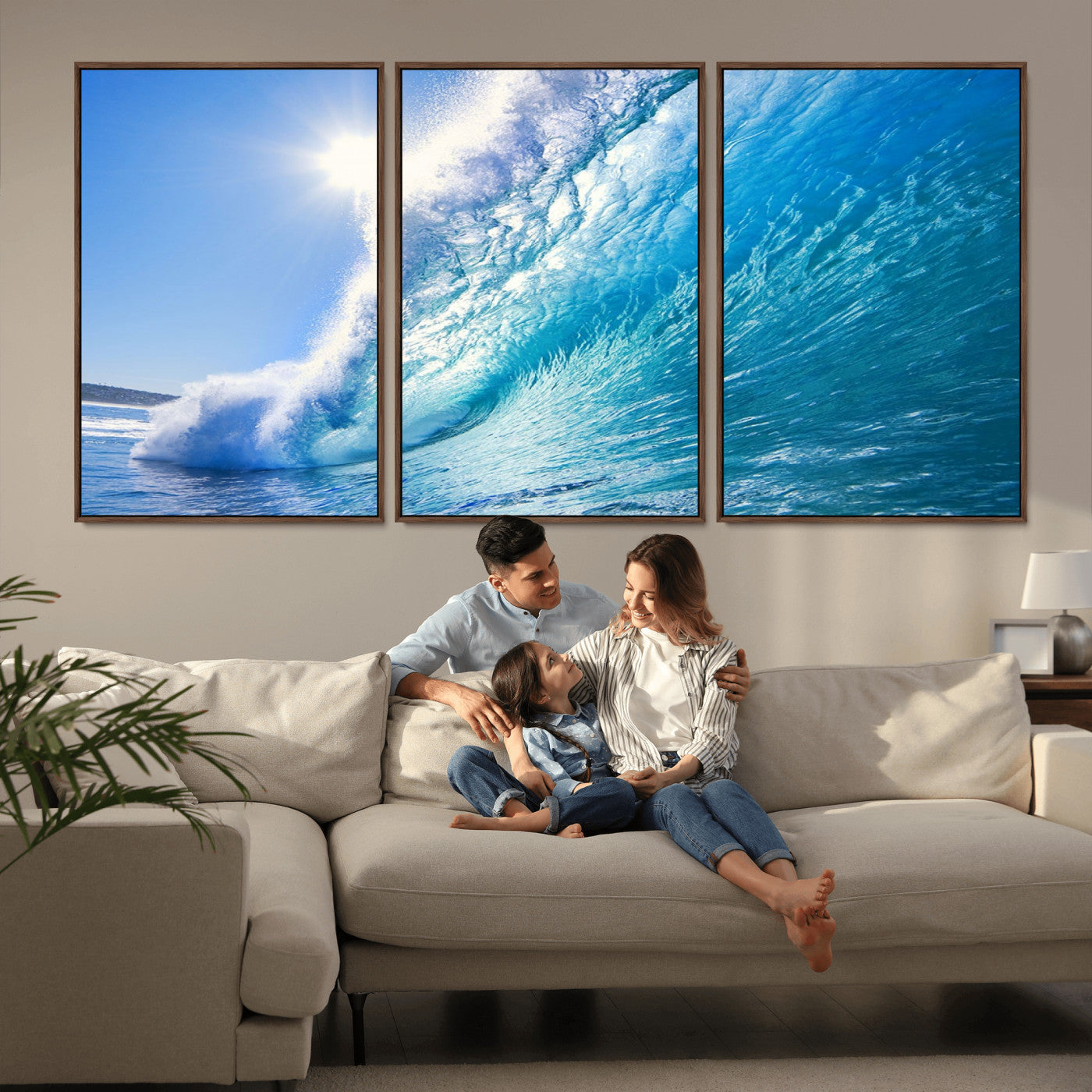 MGV-FC-60X30-3P - Blue Big Wave Surfing Ocean Canvas Wall Art Artwork Print , Surf Wall Art, Sea Wall Art