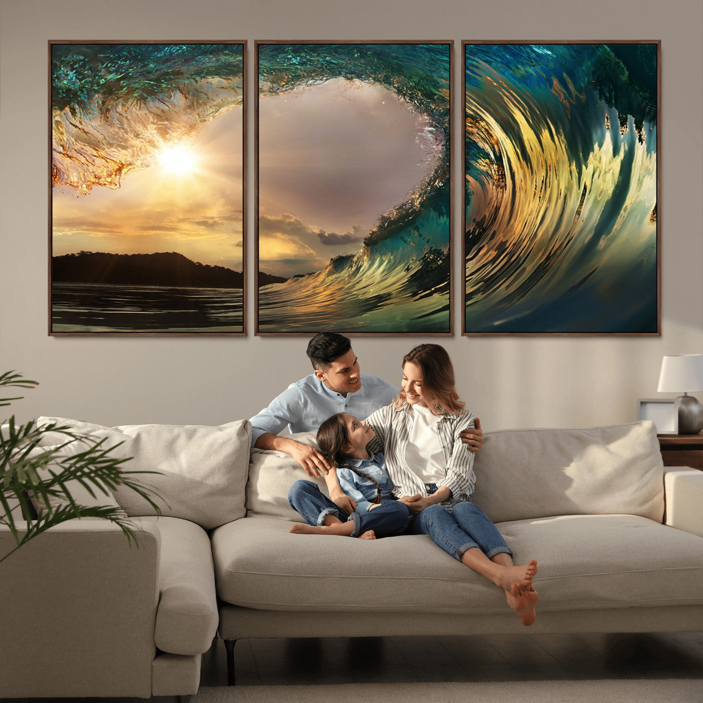MGV-FC-60X30-3P - Golden Wave Sunset Giclee Canvas Print – Large Coastal Wall Art for Nature Lovers, Captivating Ocean Wave Decor