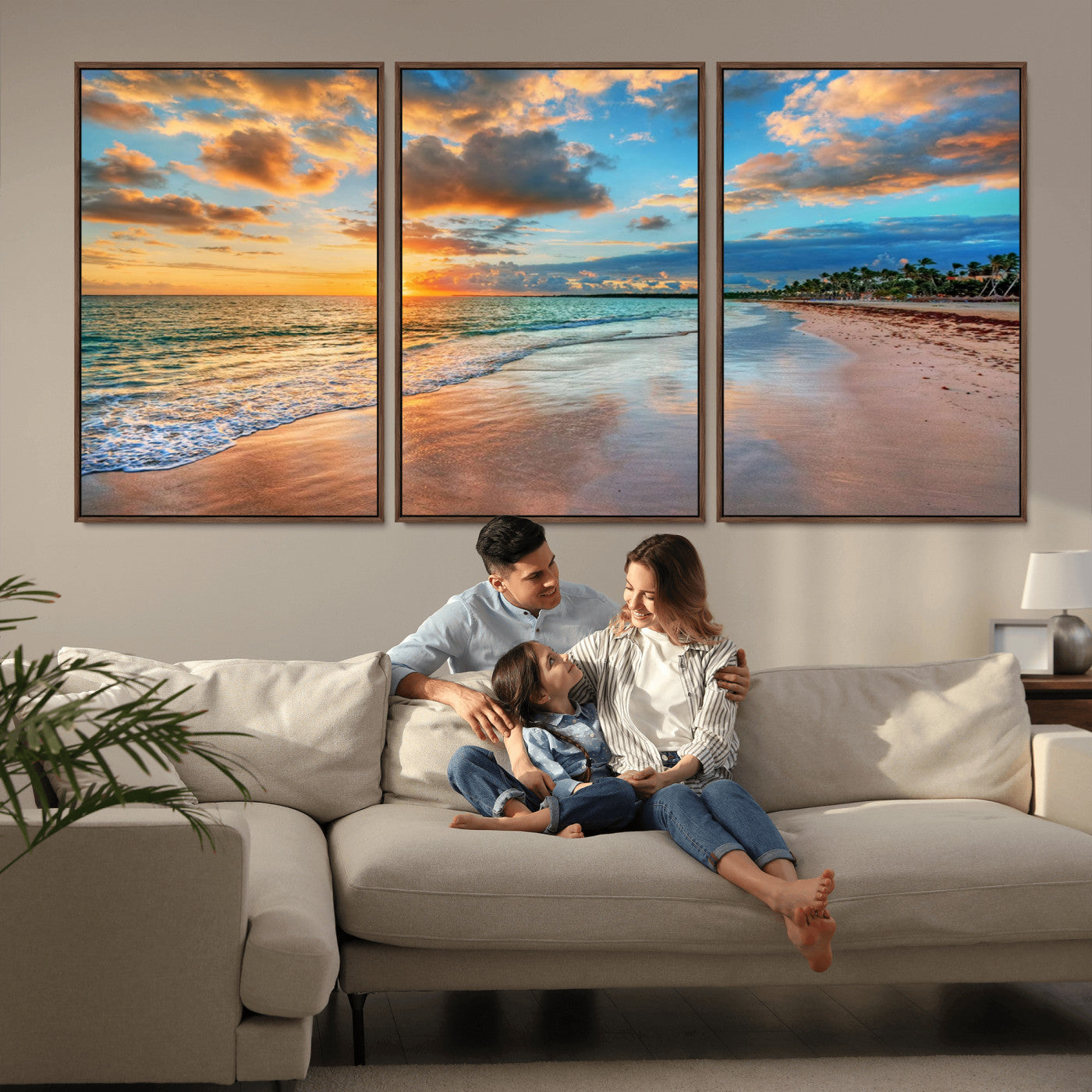 MGV-FC-60X30-3P - Sunset Ocean Waves on Tropical Beach, 3-Panel Giclee Canvas Art for Coastal Home Decor, Vibrant Palm-Lined Shore
