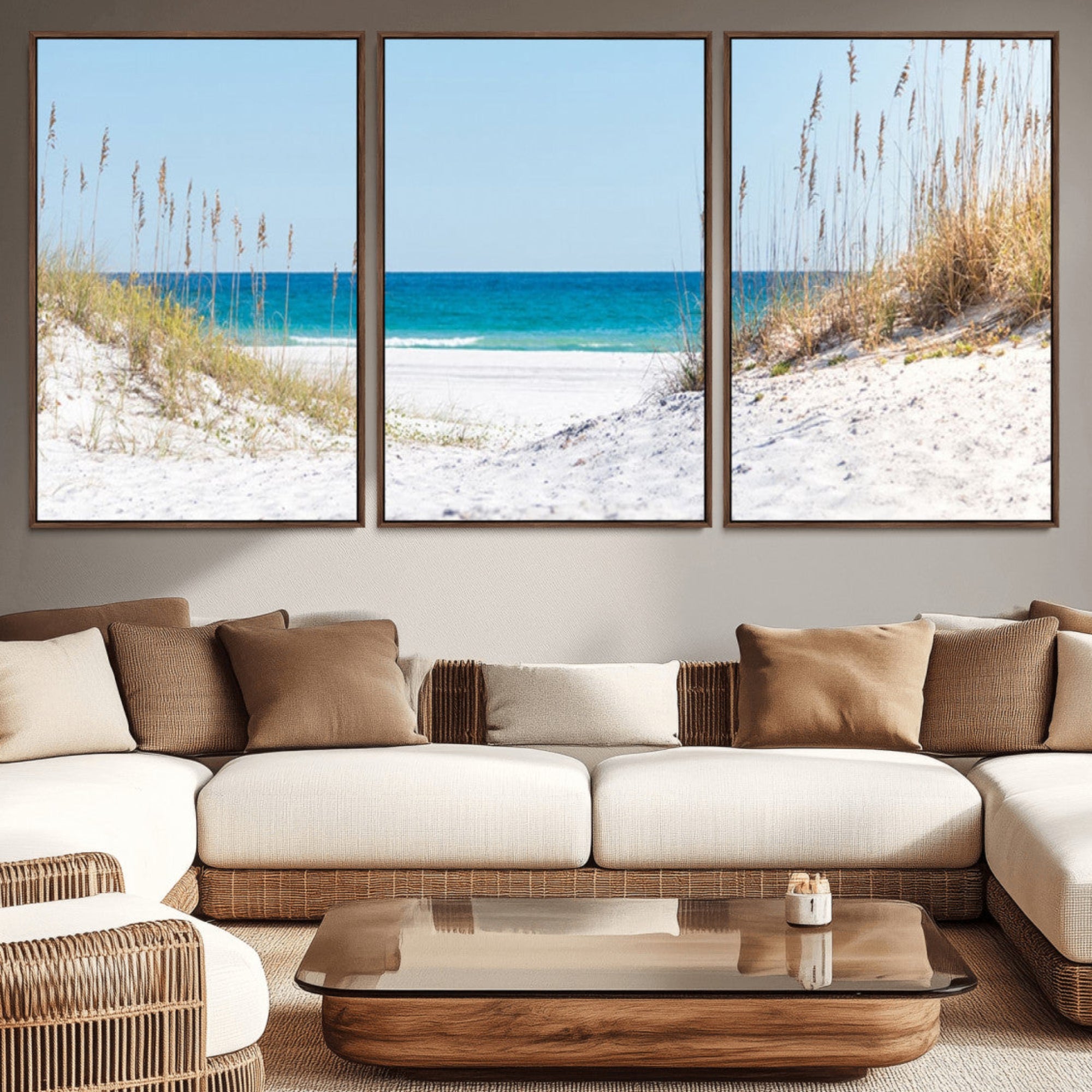 58498-MGV-CV-36X24-Serene Coastal Dune Path with Ocean View, 3-Panel Beach Canvas Wall Art, Tranquil Seascape Giclee