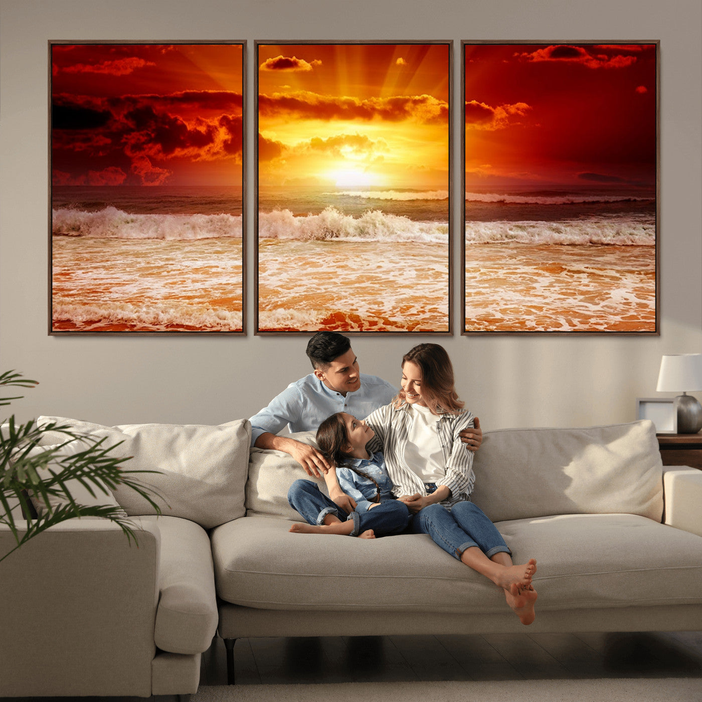 MGV-FC-60X30-3P - Red Sunset Ocean Beach Canvas Wall Art Beach Canvas, Coastal Sunset Print