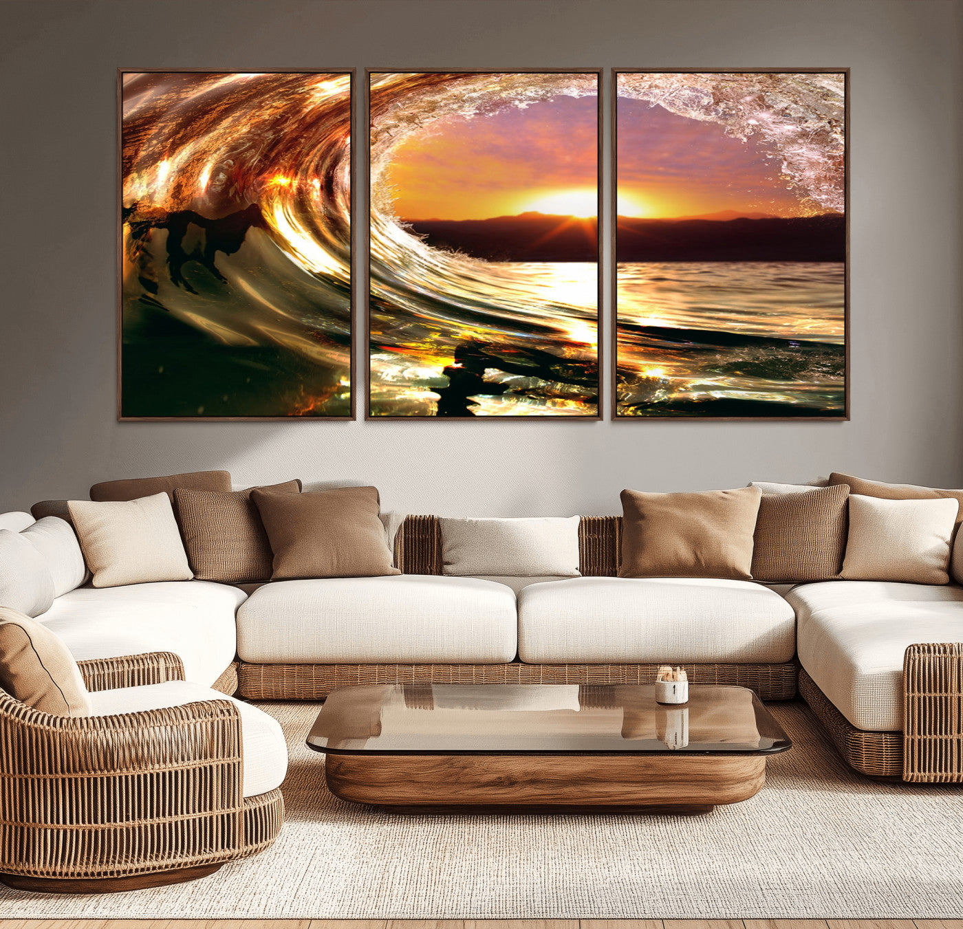 MGV-FC-60X30-3P - Golden Wave Sunset Triptych Canvas Art, Giclee Canvas Print of Ocean Wave and Sunset, Framed Ocean