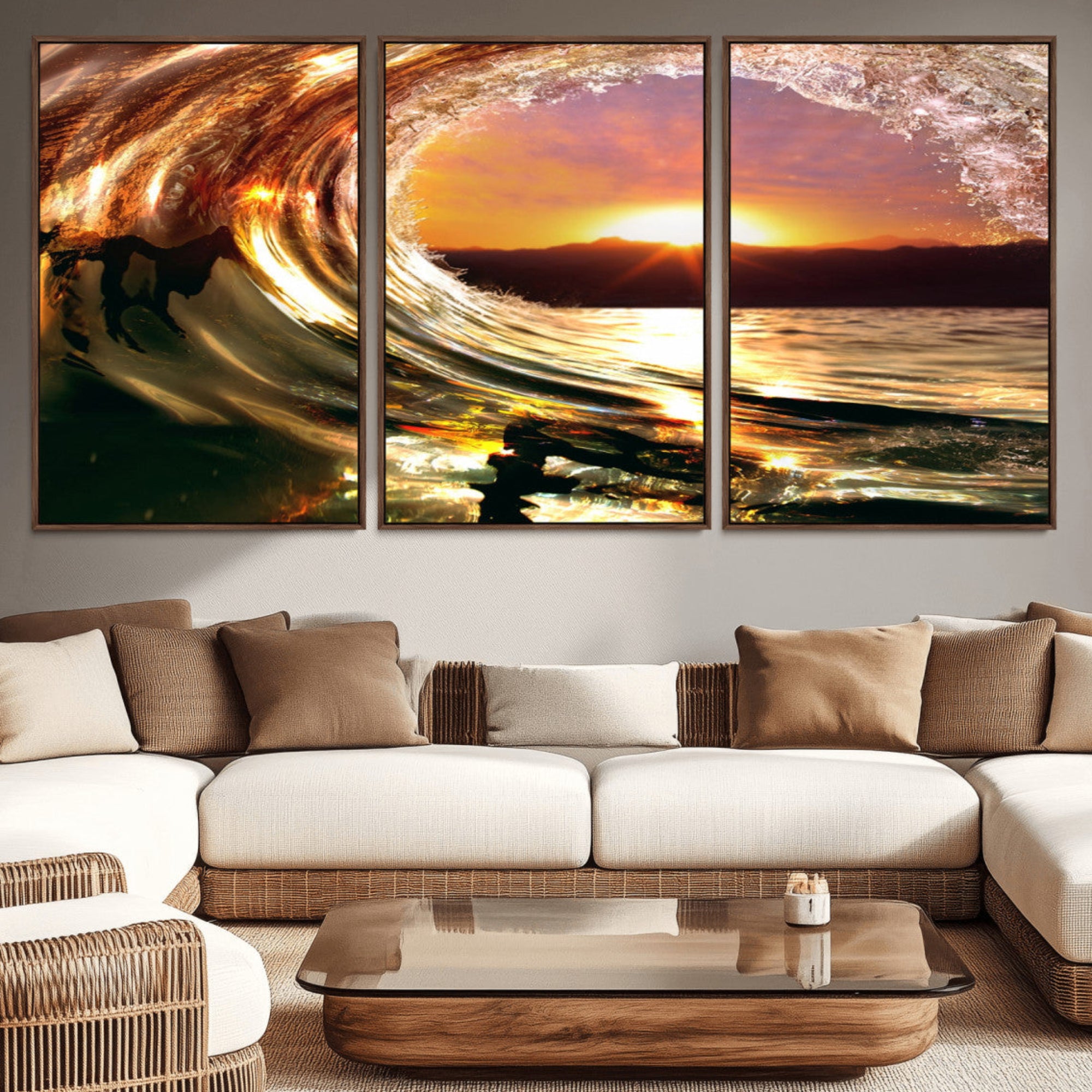 71523-MGV-CV-36X24-Golden Wave Sunset Triptych Canvas Art, Giclee Canvas Print of Ocean Wave and Sunset, Framed Ocean