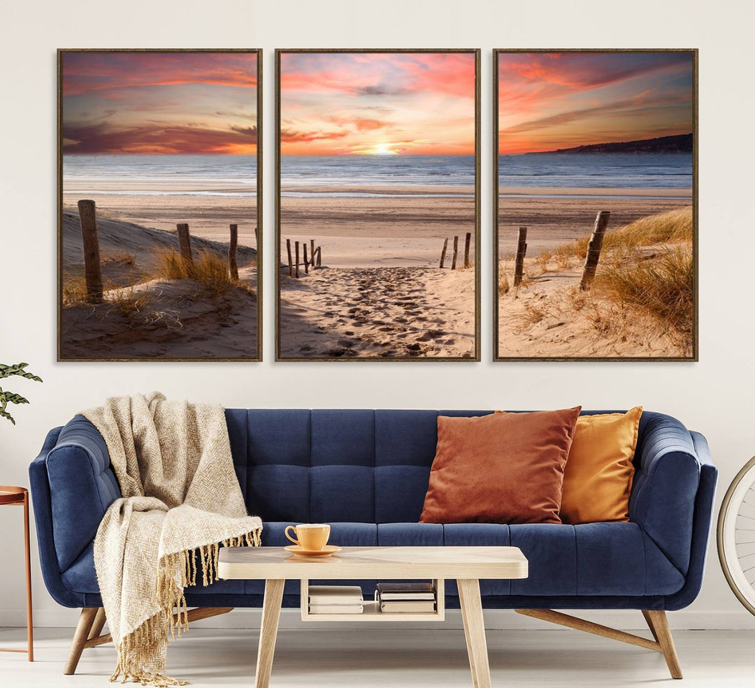 The Sunset on the Sea Wall Art Canvas Print beautifully captures a beach sunset and waves, enhanced with a UV-protective coating.