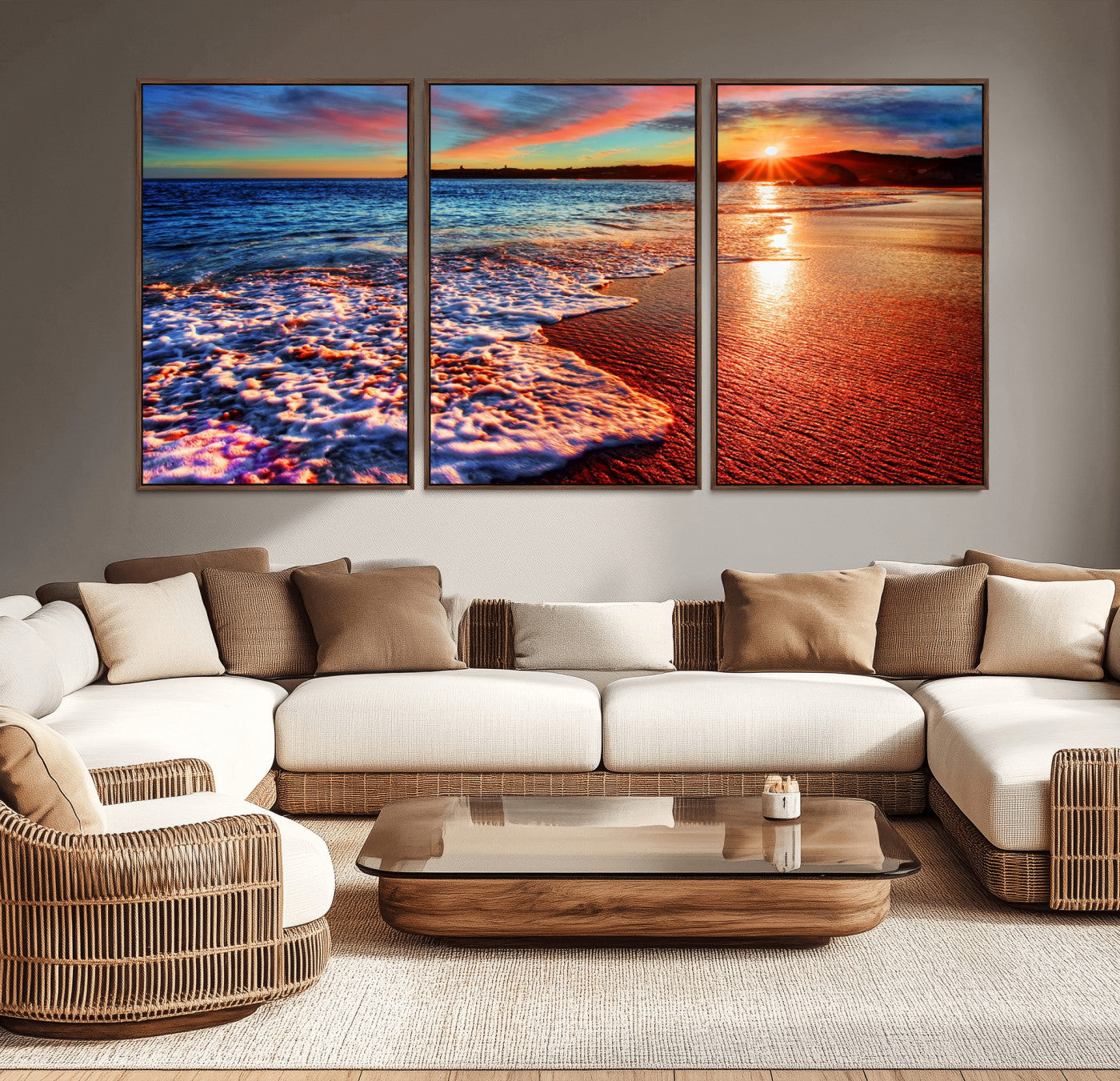 MGV-FC-60X30-3P - Colorful Coastal Sunset on the Beach Canvas Print, Ocean Waves Crashing at Dusk, Multi-Panel Seascape Vibrant Coastal Wall Art Canvas Print