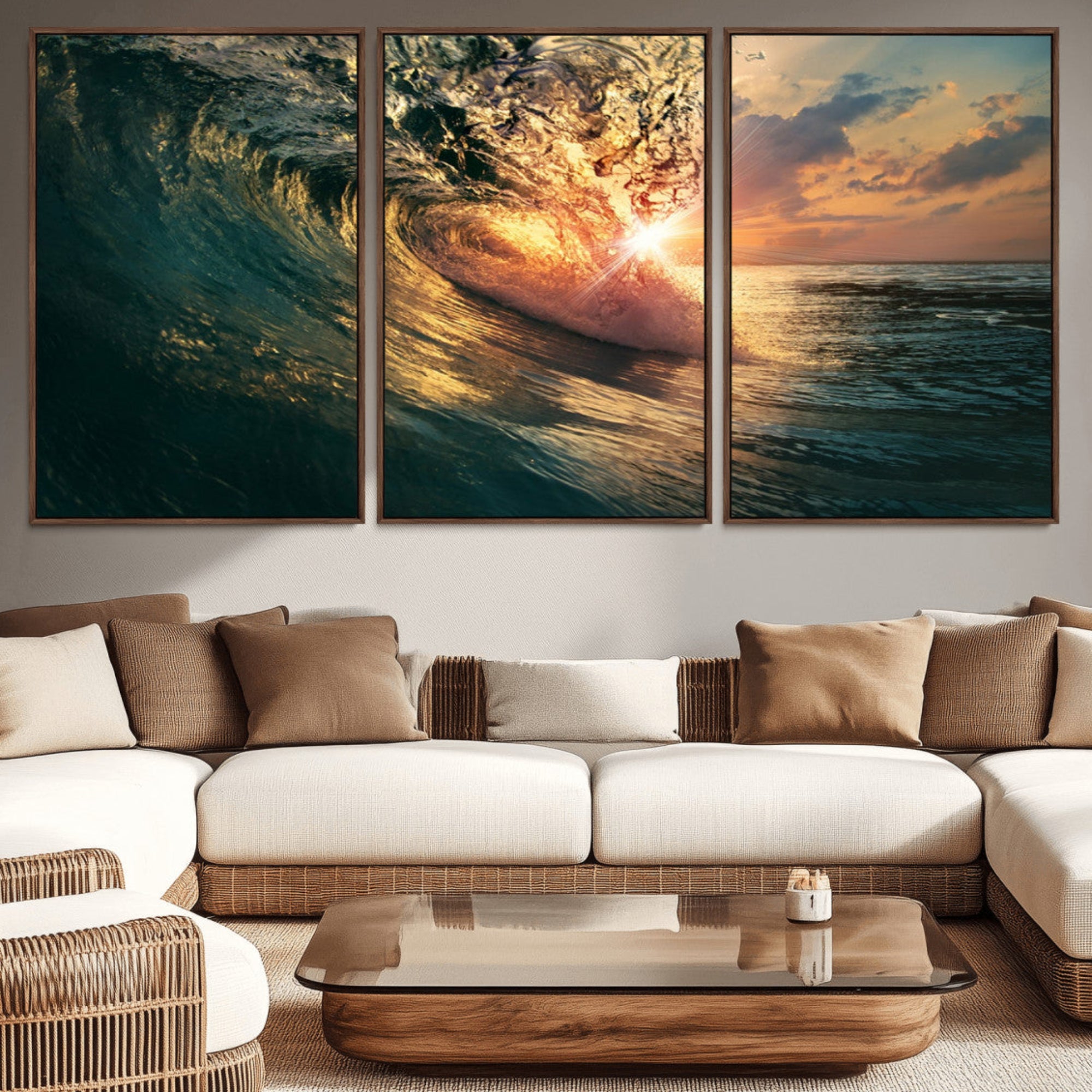 55359-MGV-CV-36X24-Ocean Wave Sunset Canvas Wall Art – Triptych Seascape Print – Framed and Ready to Hang for Living