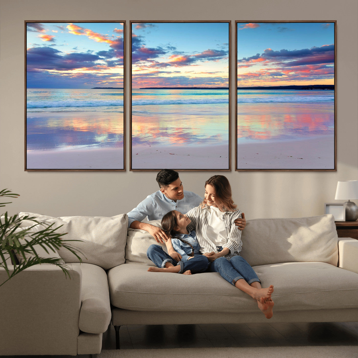 MGV-FC-60X30-3P - Tranquil Pastel Sunset Beach Triptych Canvas Art, Soothing Coastal Ocean Shoreline Giclee Print, Beach Reflections Wall Decor for Serene Spaces