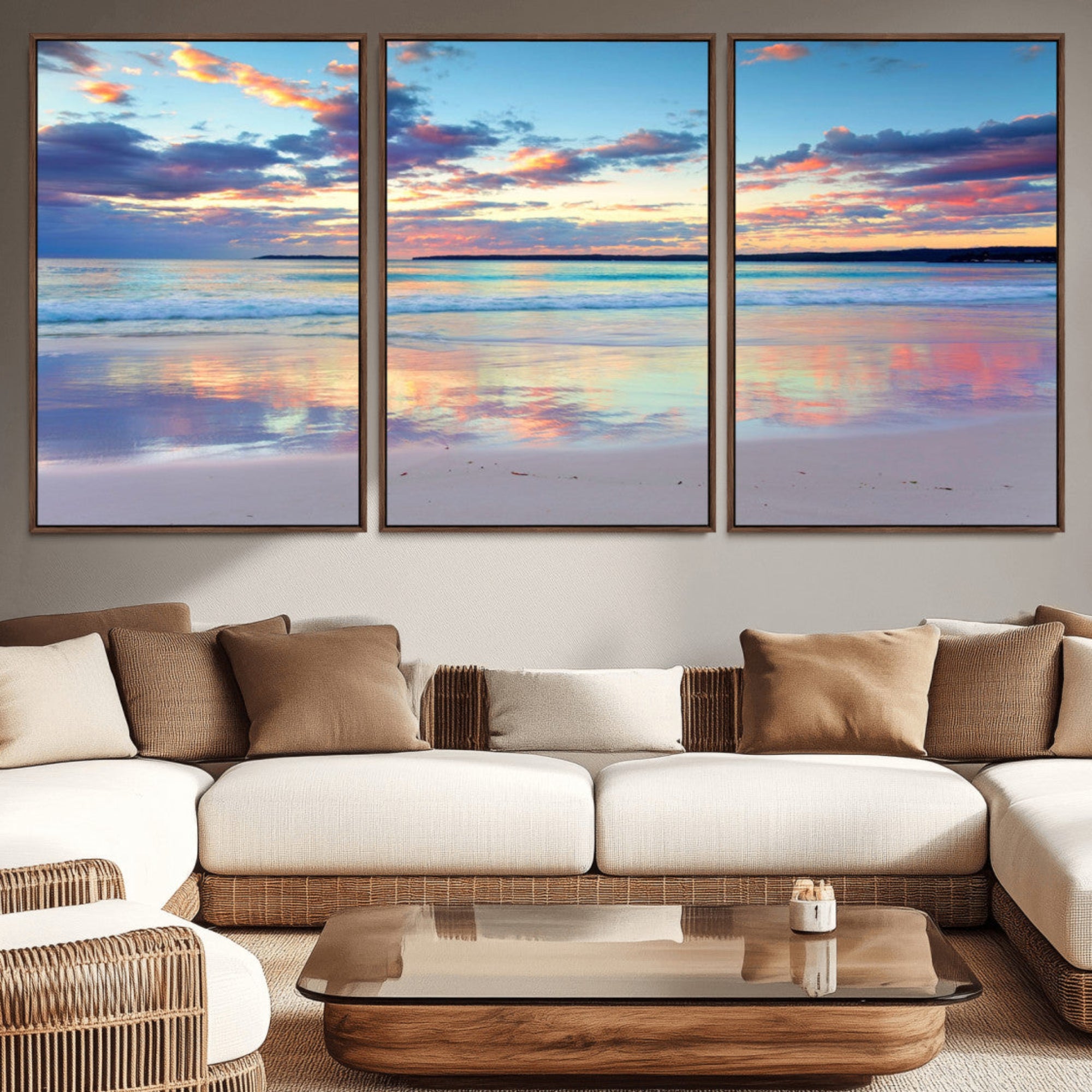 56723-MGV-CV-36X24-Tranquil Pastel Sunset Beach Triptych Canvas Art, Soothing Coastal Ocean Shoreline Giclee Print,