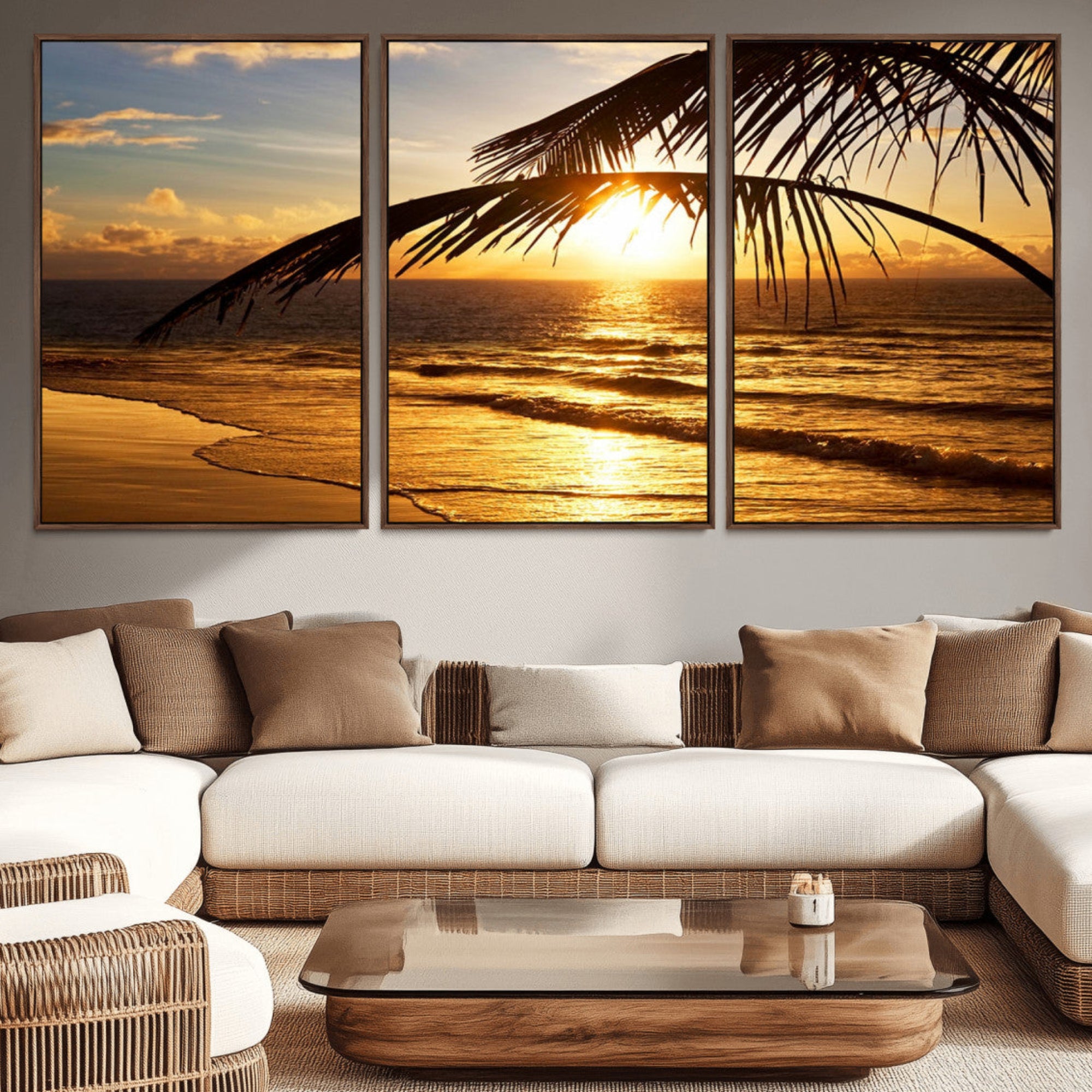 41507-MGV-CV-36X24-Golden Tropical Beach Sunset Canvas Triptych, Coastal Palm Tree Wall Art, Ocean Shoreline Giclee