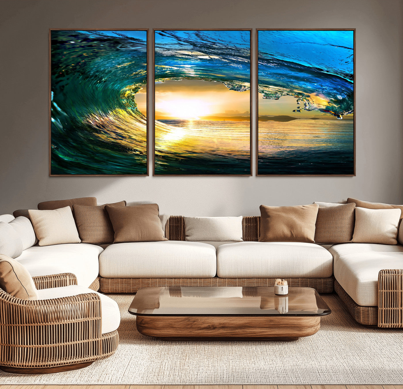 MGV-FC-60X30-3P - Ocean Wave at Sunset Canvas Art, Large Wall Print of Vibrant Water Waves, Coastal Art for Living Room and Dining Room