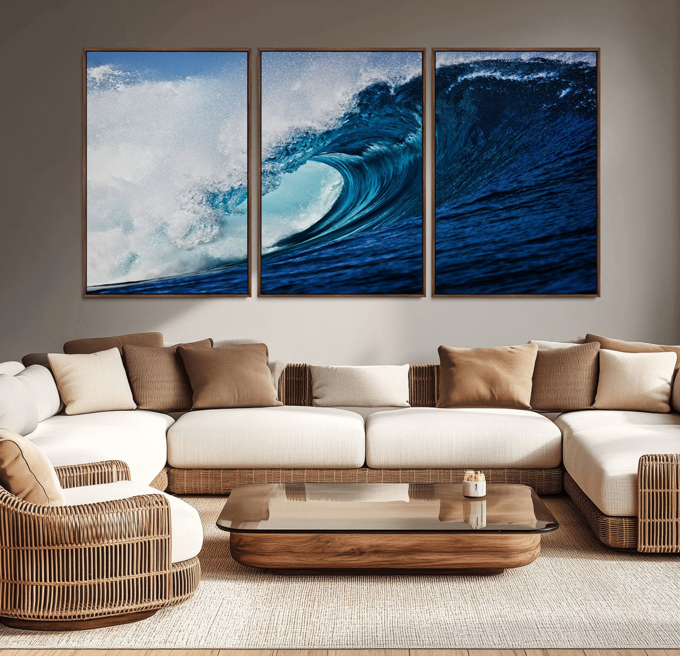 MGV-FC-60X30-3P - Ocean Wave at Sunset Canvas Art, Large Wall Print of Vibrant Water Waves, Coastal Art for Living