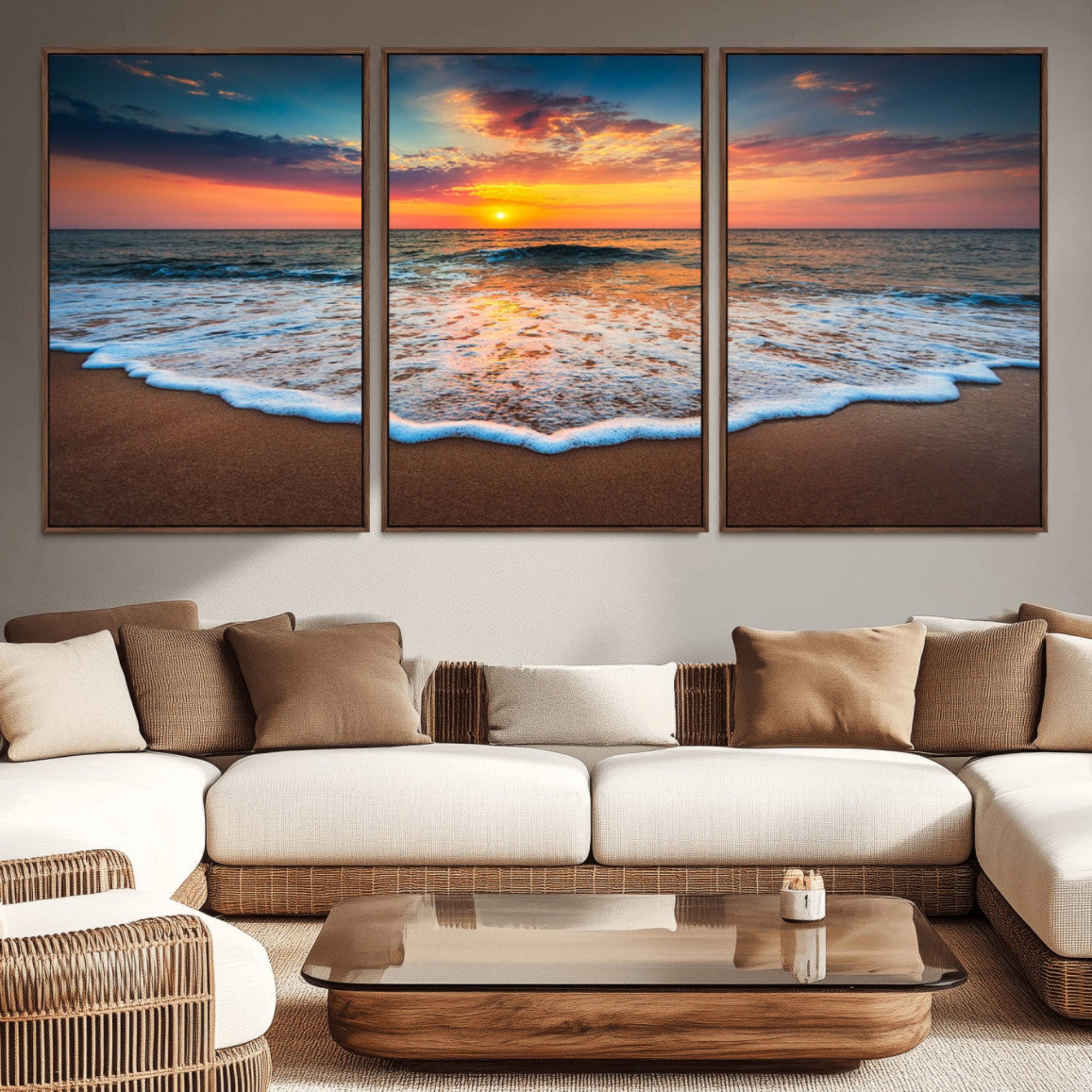 Sunset Beach Canvas Wall Art – Colorful Ocean Waves Triptych