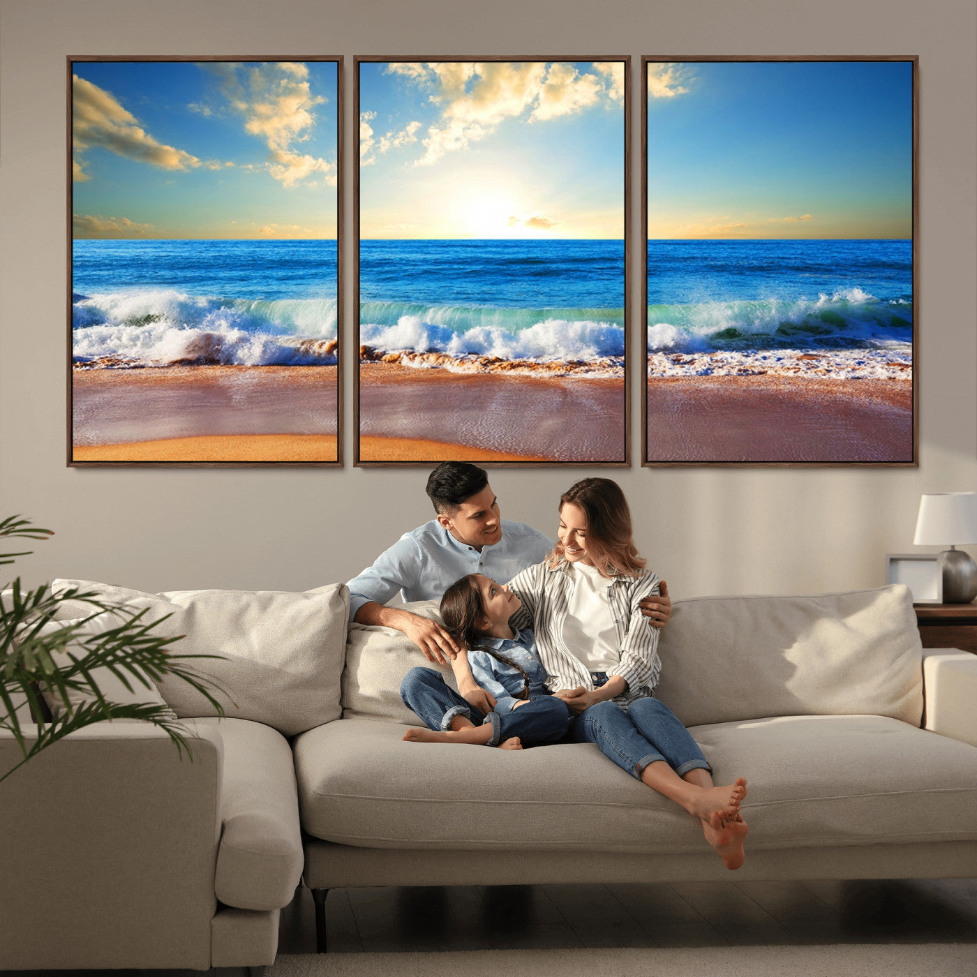 MGV-FC-60X30-3P - Tropical Beach Sunset Canvas Art, Ocean Waves and Sandy Shoreline Wall Art, Large Beach Decor for Coastal Homes