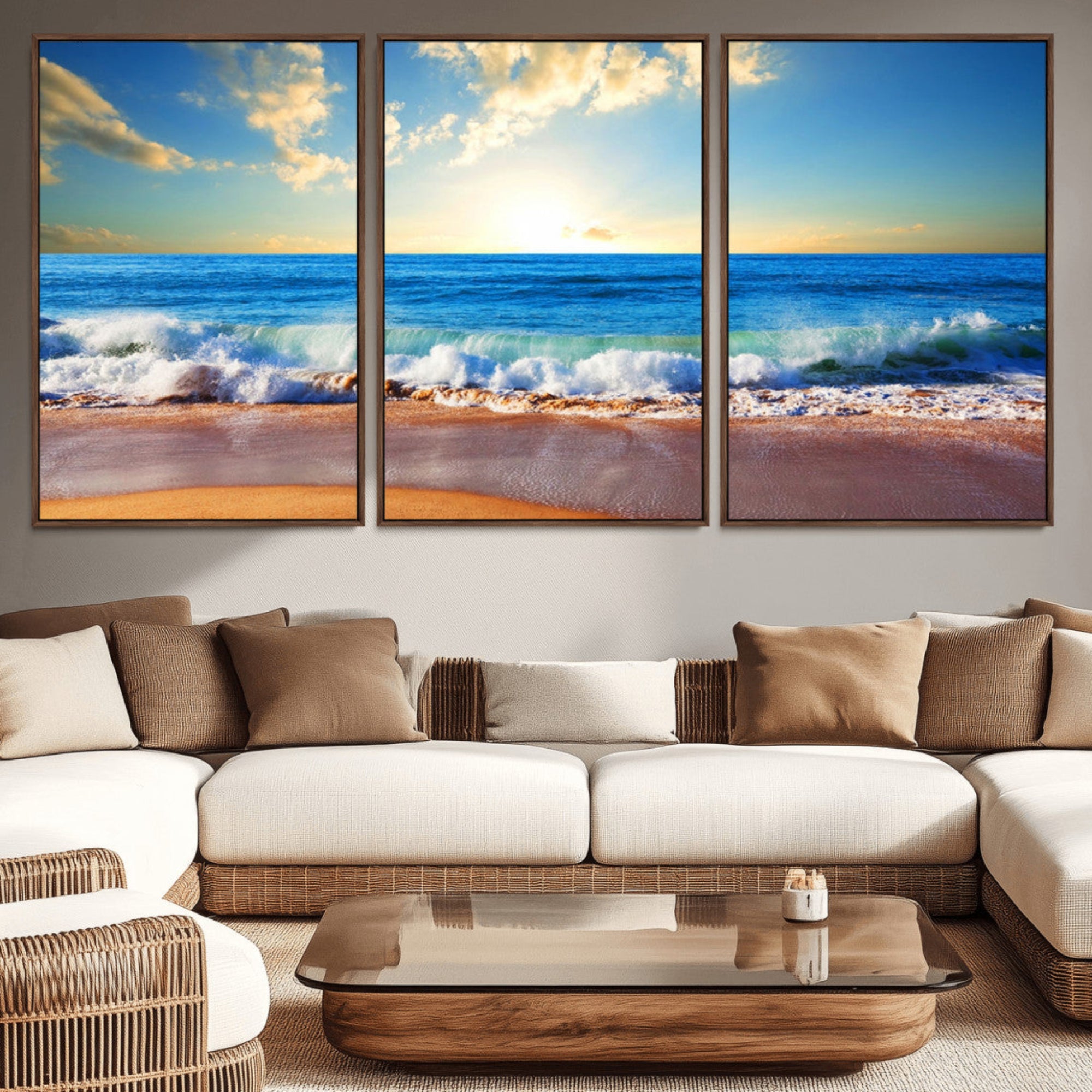 50522-MGV-CV-36X24-Tropical Beach Sunset Canvas Art, Ocean Waves and Sandy Shoreline Wall Art, Large Beach Decor for