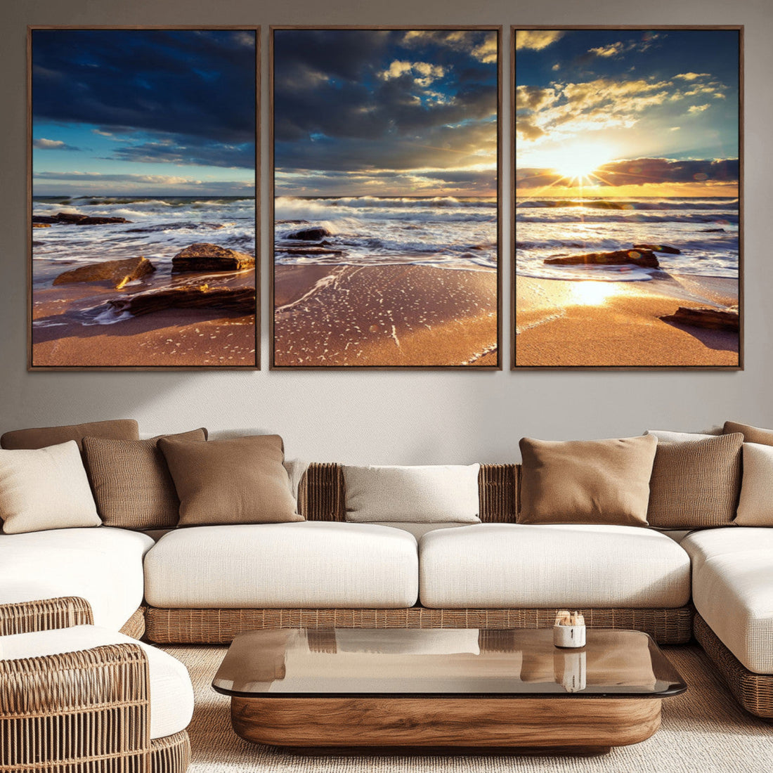 Golden Hour Beach Sunset Canvas Triptych, Ocean Waves and Rocks Wall Art