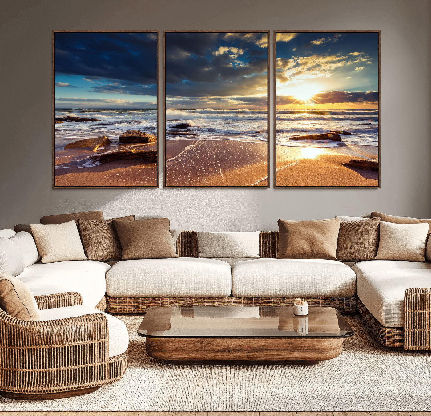 MGV-FC-60X30-3P - Golden Hour Beach Sunset Canvas Triptych, Ocean Waves and Rocks Wall Art for Coastal Home Decor