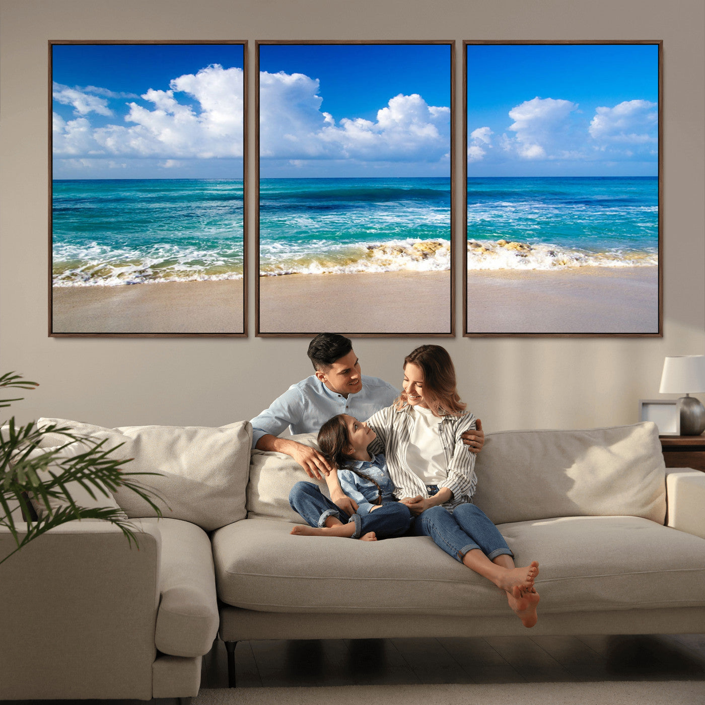 MGV-FC-60X30-3P - Tropical Beach 3-Panel Canvas Wall Art – Serene Ocean Waves and Blue Sky – Giclée Print for Living Room, Office, or Bedroom Coastal Decor