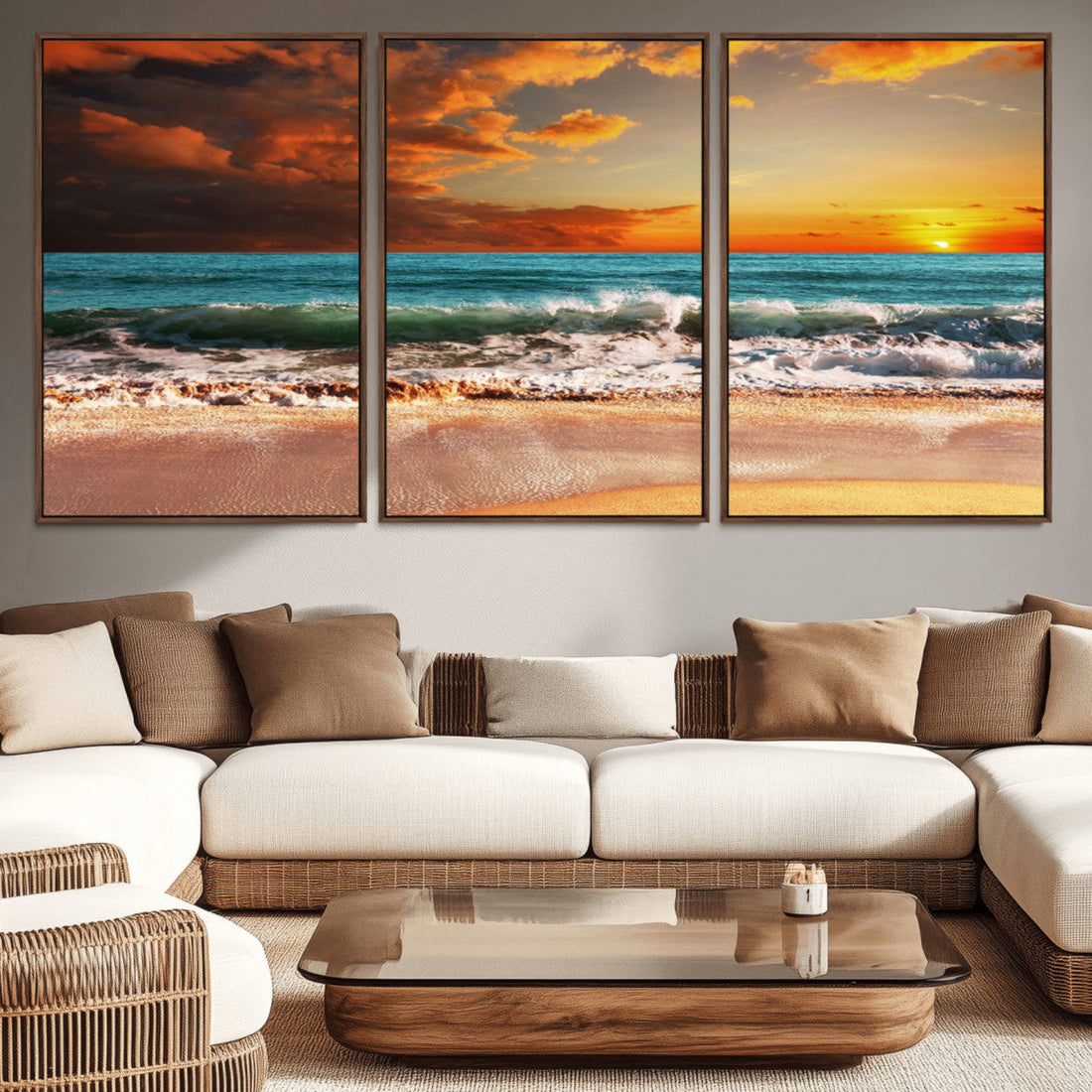 Golden Sunset Beach Canvas Wall Art | Triptych Seascape Print, Framed and Ready to Hang