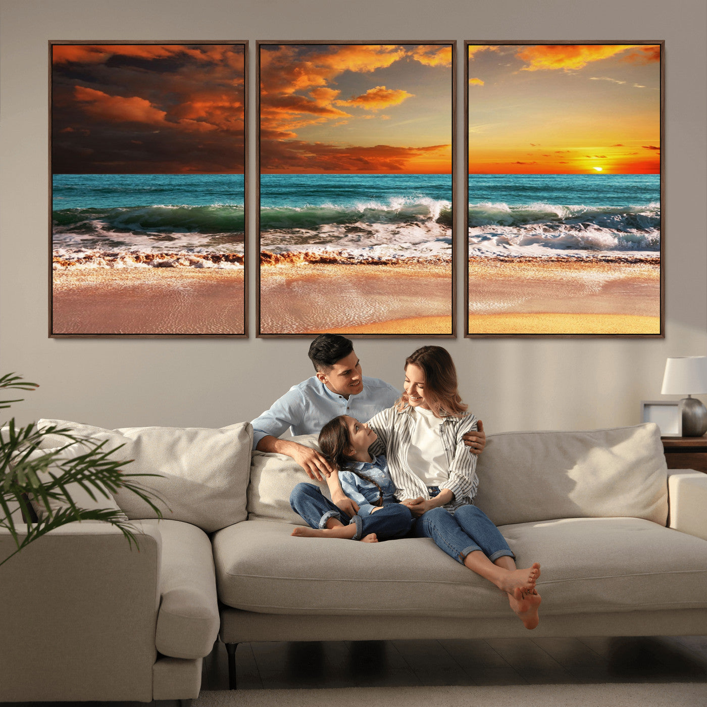 MGV-FC-60X30-3P - Golden Sunset Beach Canvas Wall Art – Triptych Seascape Print – Framed and Ready to Hang for Living Room or Office