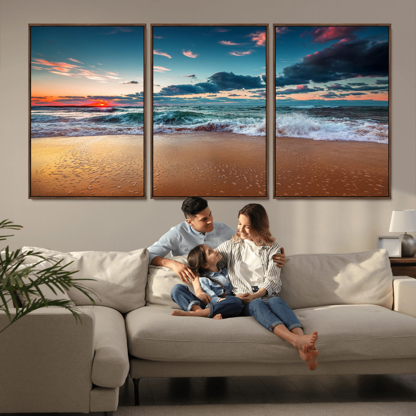 MGV-FC-60X30-3P - Sunset Ocean Beach Wall Art – Giclee Canvas Print, Coastal Seascape, Ready to Hang, Beach Decor, Large 3-Panel Set for Living Room