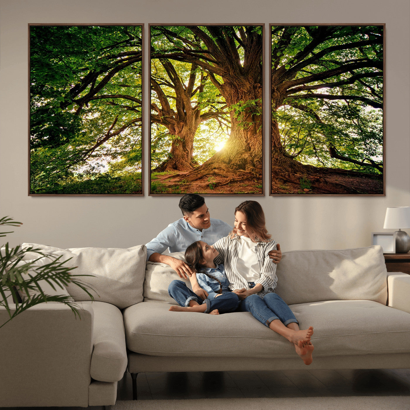 MGV-FC-60X30-3P - Majestic Ancient Tree Wall Art, Nature-Inspired Canvas Print, Woodland Art, Tree of Life Artwork, Sunlit Forest, Giclee Nature Print