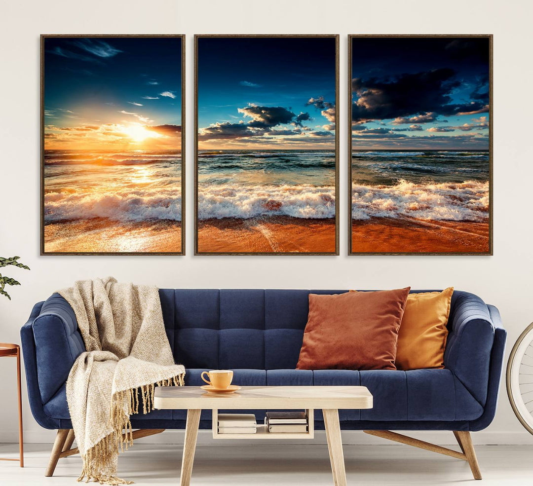 Golden Hour Sunset Over Ocean Waves Canvas: 3-Panel Coastal Landscape Art with Stunning Beach Photography Print.