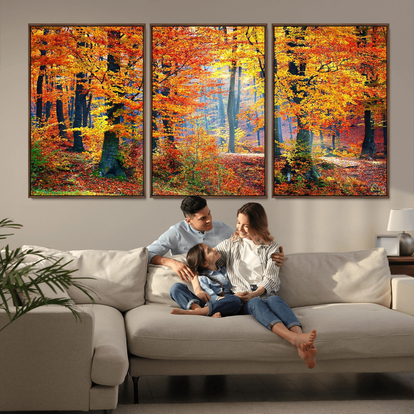 MGV-FC-60X30-3P - Autumn Red Forest Triptych Canvas Wall Art Print, Forest Wall Decor, Fall Landscape Art | Season Nature Landscape for Home or Office