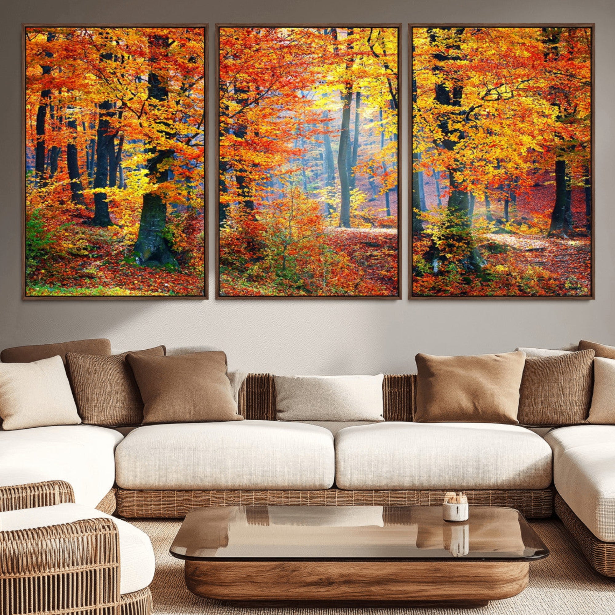 91746-MGV-CV-36X24-Autumn Red Forest Triptych Canvas Wall Art Print, Forest Wall Decor, Fall Landscape Art | Season