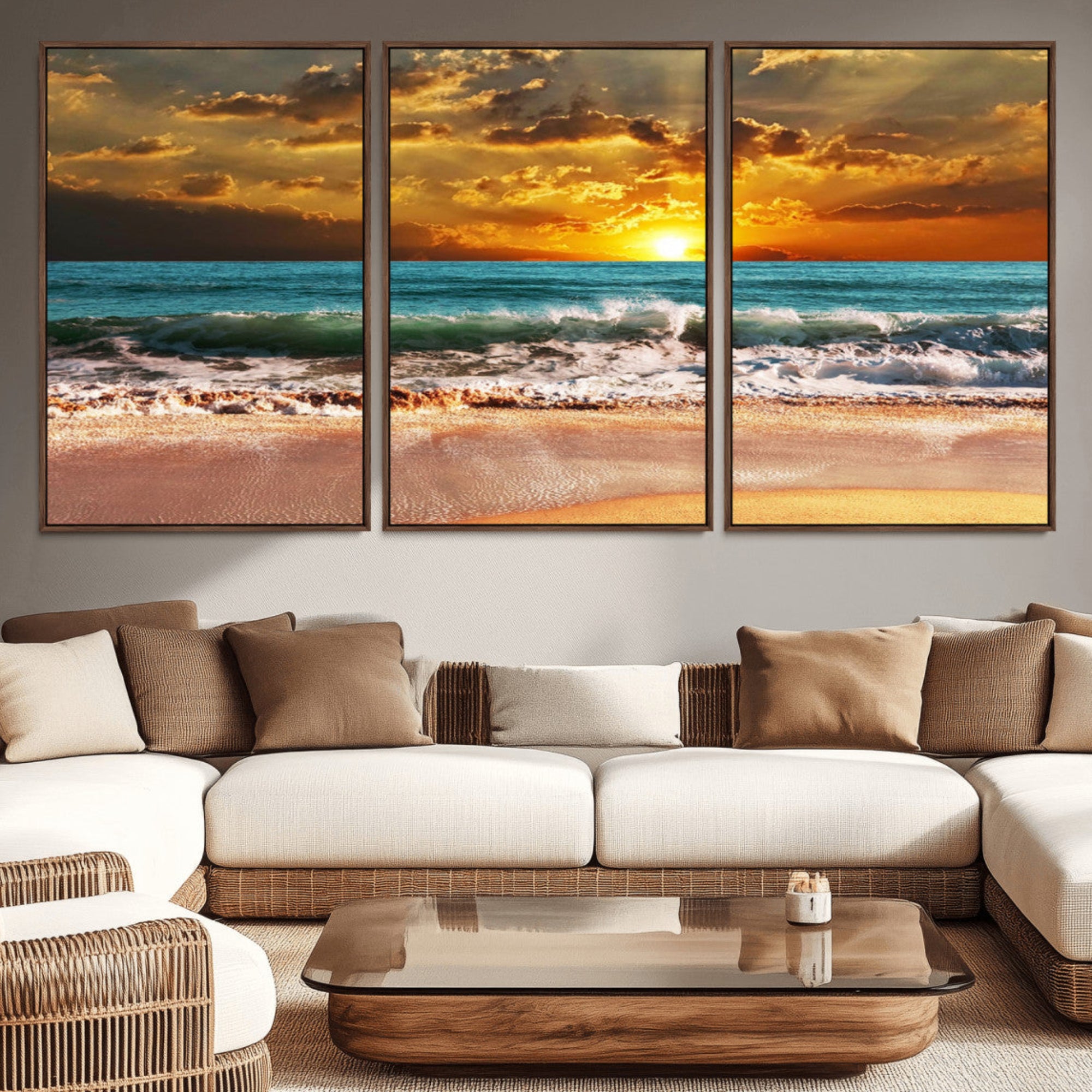 16495-MGV-CV-36X24-Golden Sunset Beach Canvas Wall Art – Triptych Seascape Print – Framed and Ready to Hang for Living