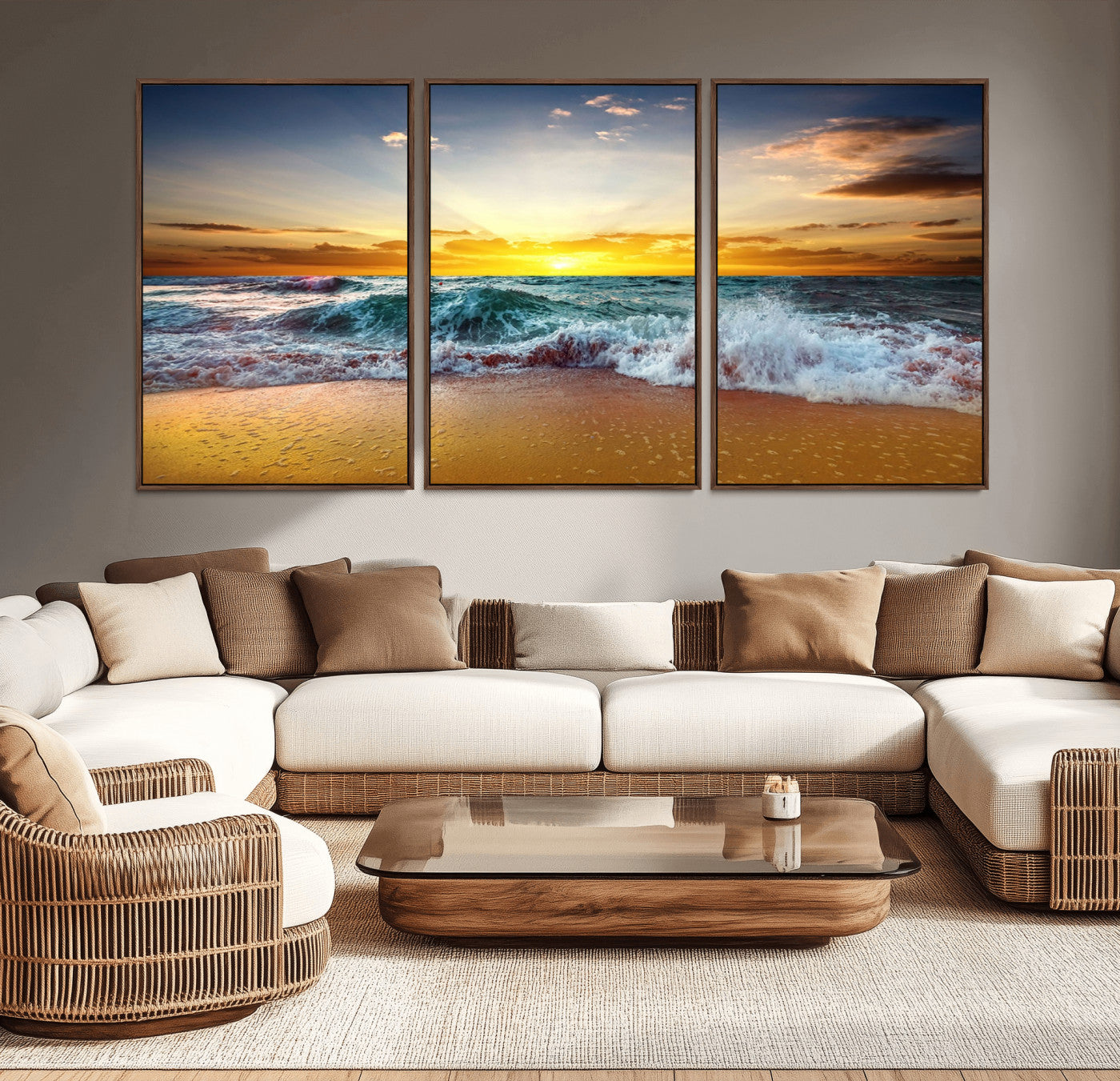 MGV-FC-60X30-3P - Golden Sunset Ocean Waves Wall Art Canvas Print – Multi Panel Beach Canvas Print Set – Large Coastal Triptych Print for Home or Farmhouse Decor