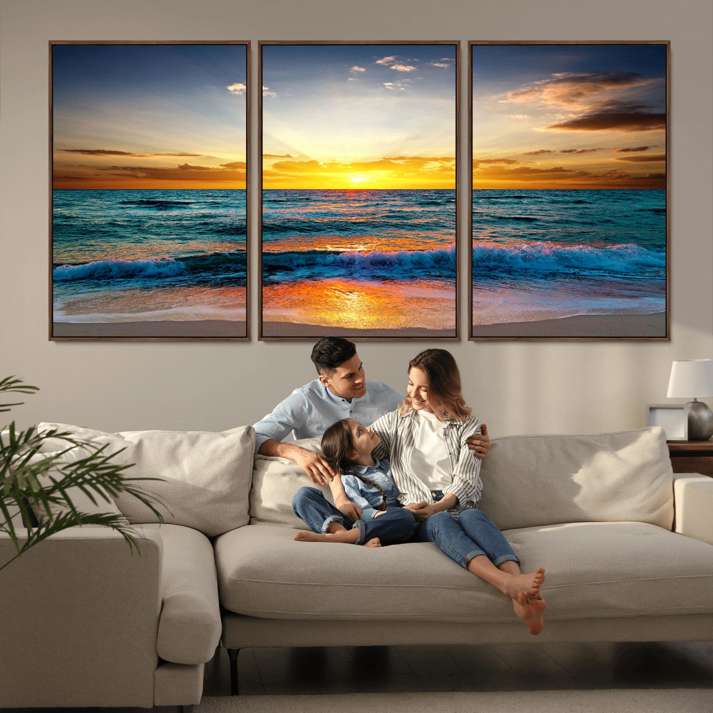 MGV-FC-60X30-3P - Vibrant Ocean Sunrise Over Golden Beach Waves, Giclee Canvas Wall Art Set, High-Quality Stretched Canvas Print, Ready to Hang Coastal Sunset Wall