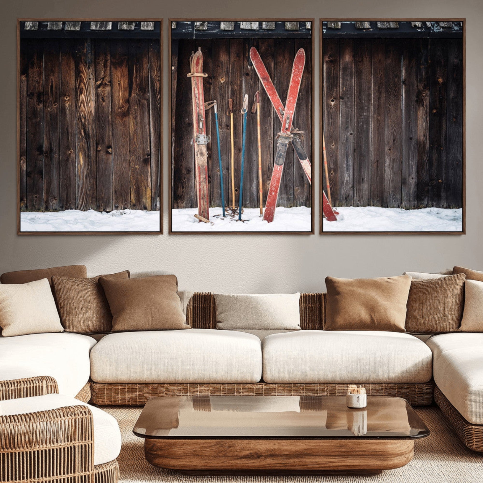 78590-MGV-CV-36X24-Vintage Ski Gear Canvas Print, Vintage Ski Gear Against Wooden Cabin Wall, Rustic Winter Sports