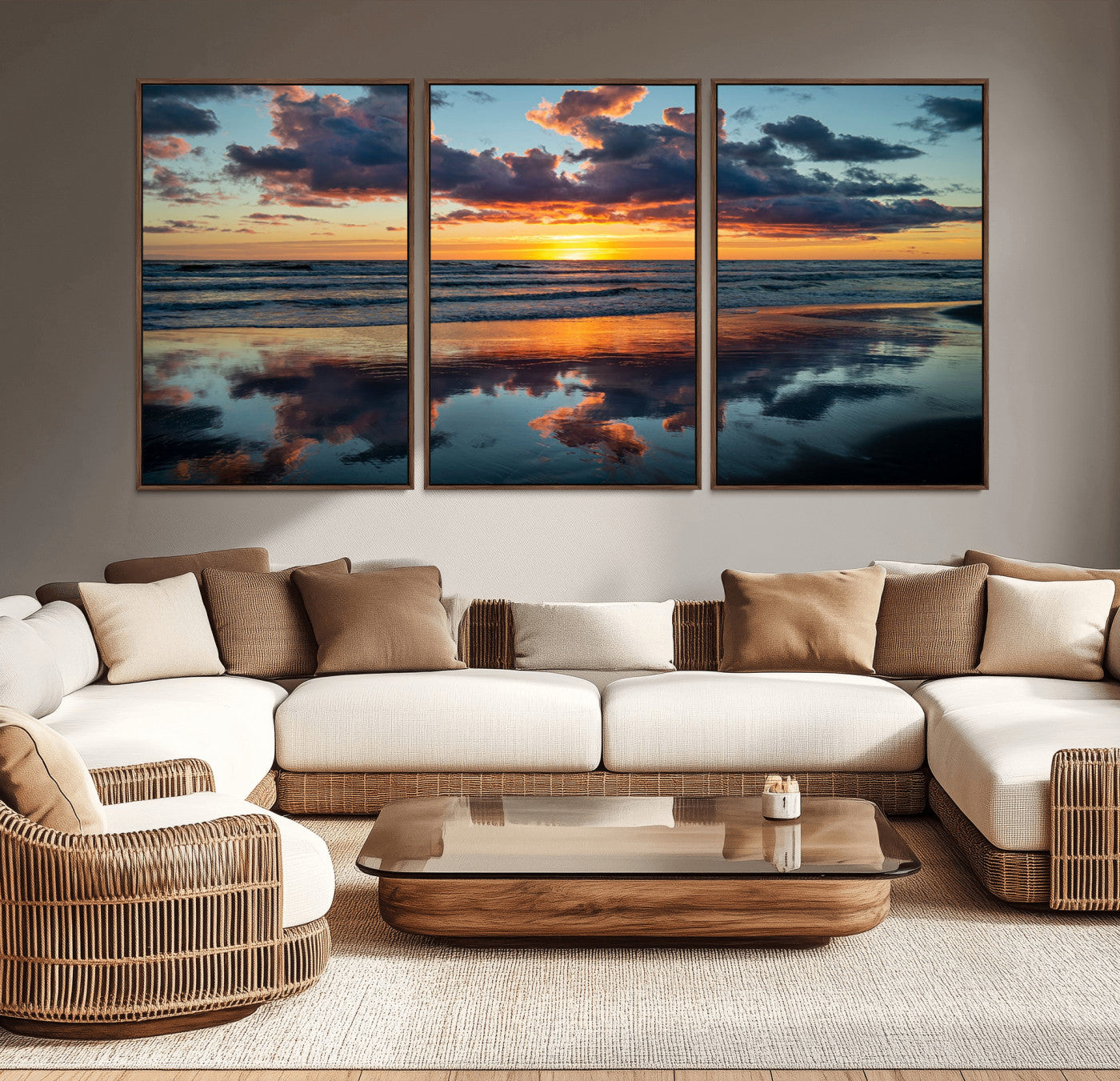 MGV-FC-60X30-3P - Beach Sunset Print - Stunning Ocean Canvas Artwork with Sunset Reflection Design for Elegant Home or