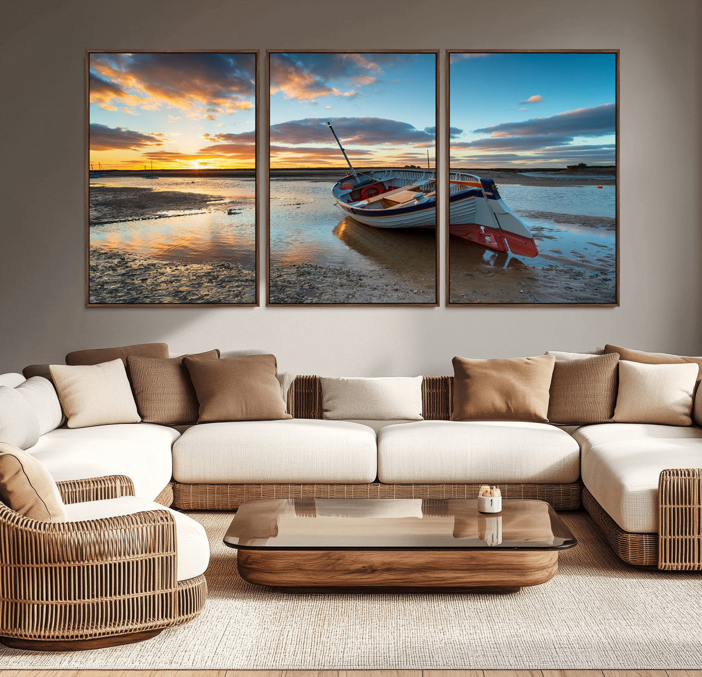 MGV-FC-60X30-3P - Small Boat At The Beach Sunset Wall Art, Boat Sunset Wall Art Canvas Print