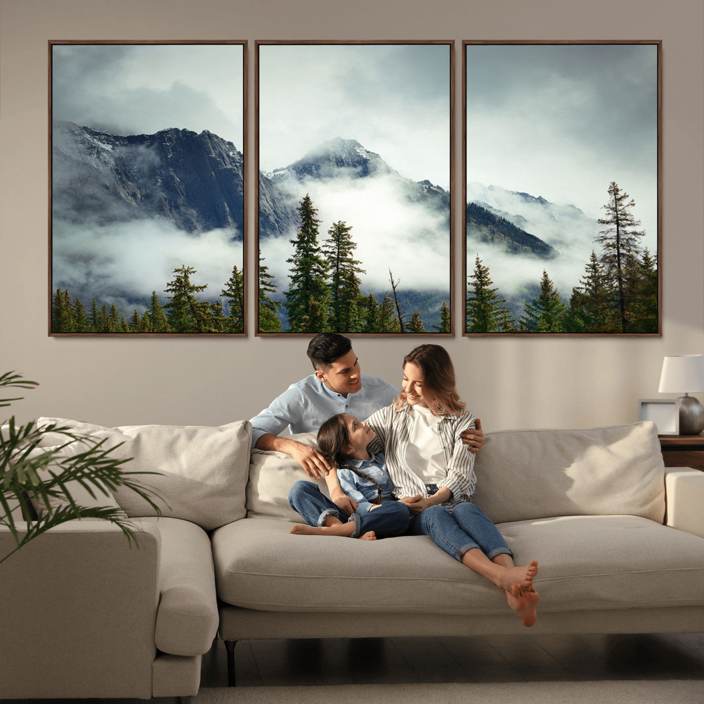 MGV-FC-60X30-3P - Mountain Mist Canvas Wall Art | 3-Panel Foggy Forest and Mountain Landscape | Large Giclee Print for Living Room, Office, or Cabin, Farmhouse Decor
