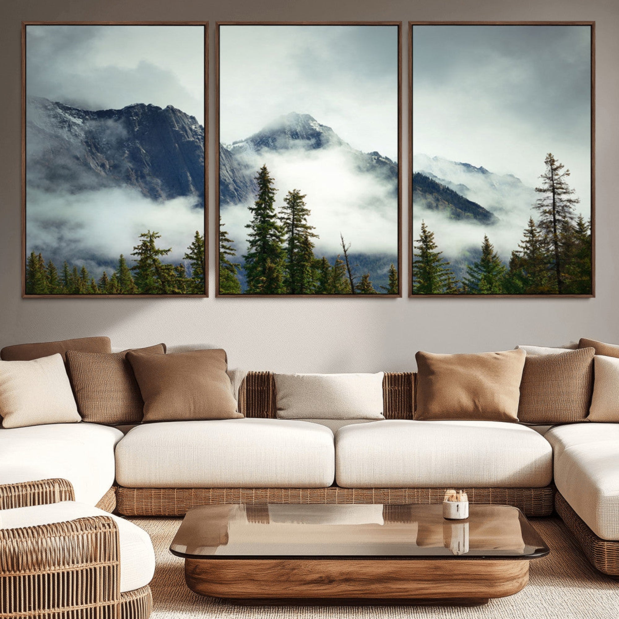 93219-MGV-CV-36X24-Mountain Mist Canvas Wall Art Print | 3-Panel Foggy Forest and Mountain Landscape | Large Giclee