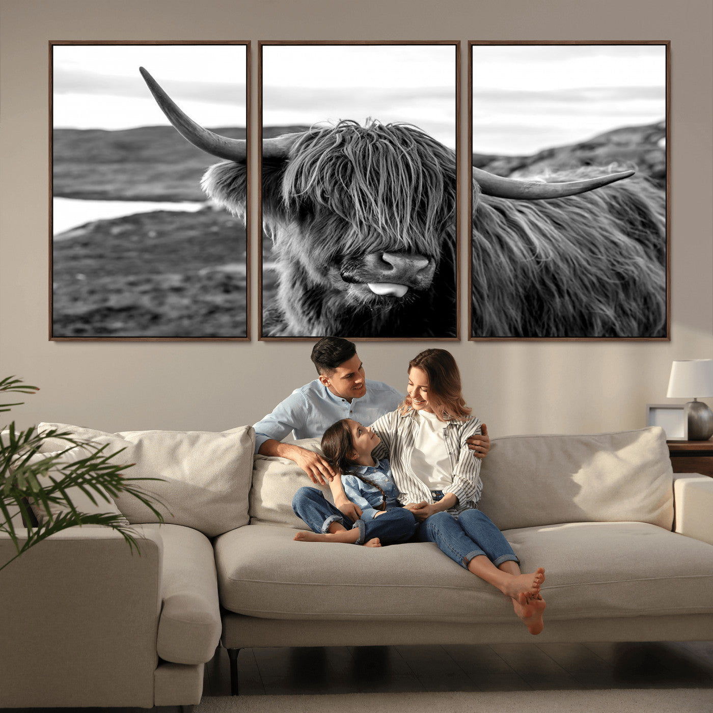 MGV-FC-60X30-3P - Highland Cow Canvas Wall Art – Black and White Animal Portrait – Framed and Ready to Hang Rustic Farmhouse Decor for Living Room or Office