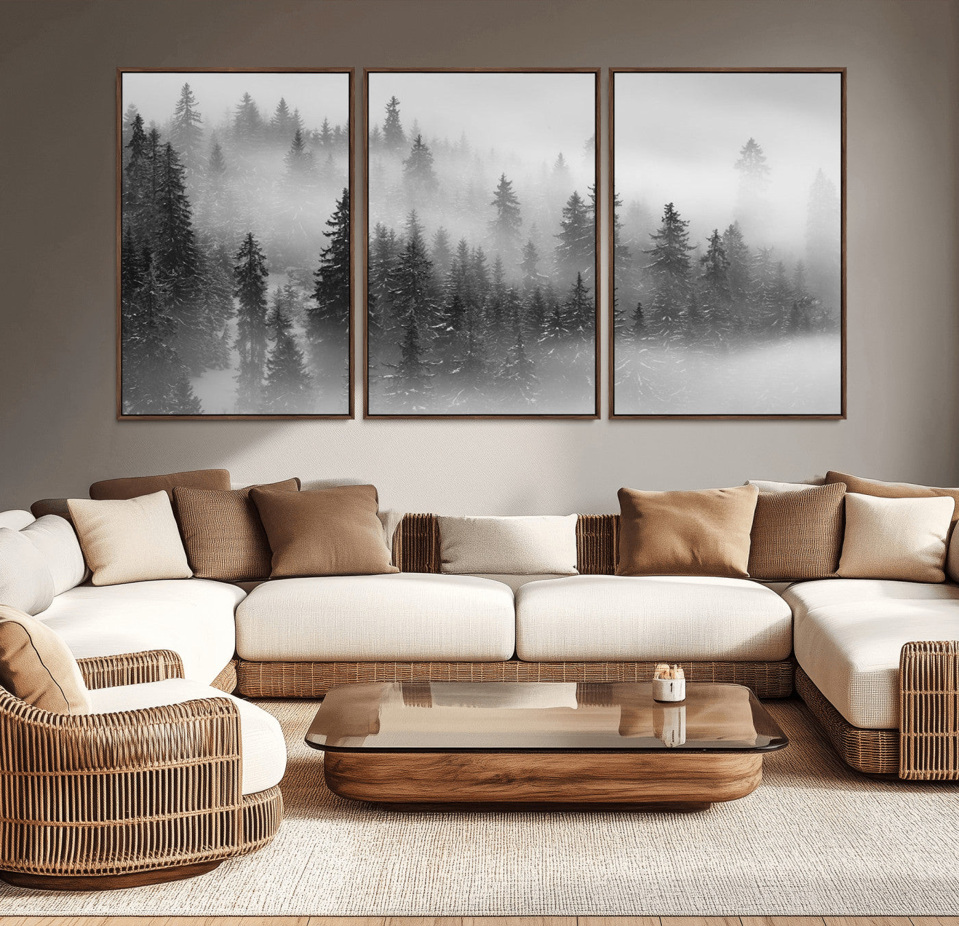 MGV-FC-60X30-3P - Foggy Misty Forest Canvas Wall Art – Black and White Landscape – Framed and Ready to Hang Modern