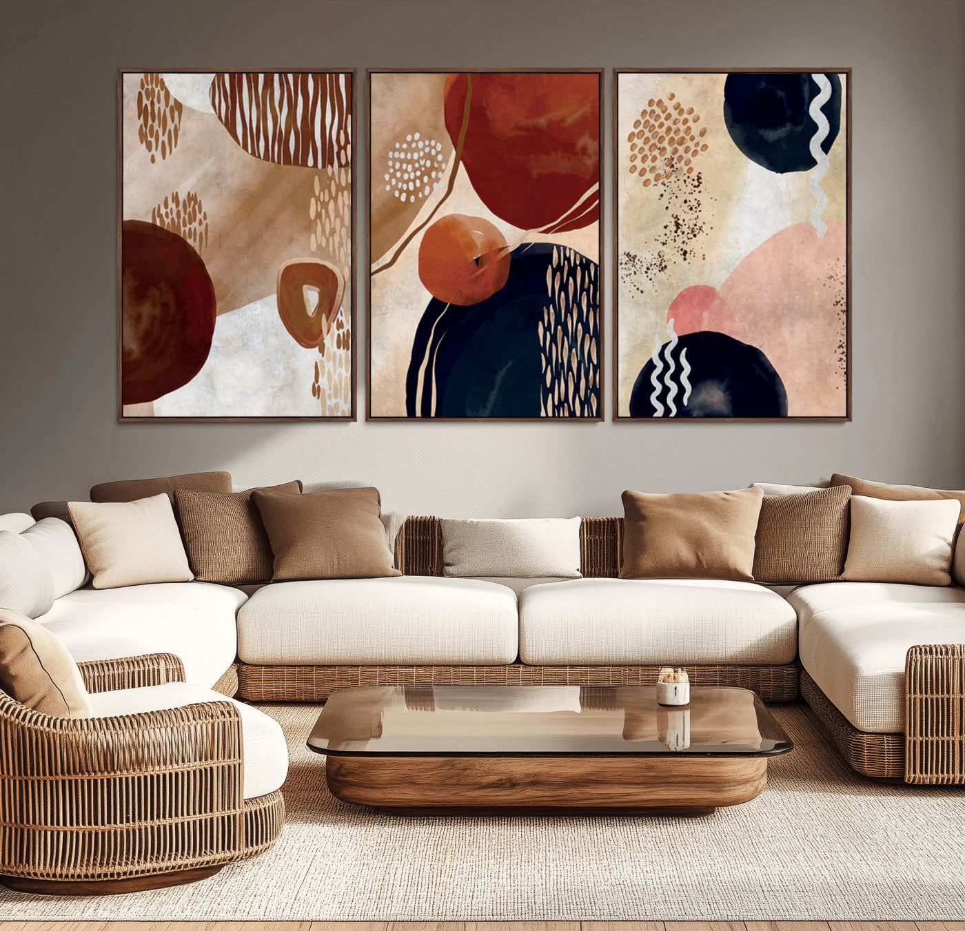 MGV-FC-60X30-3P - Boho Wall Art Canvas Print Set Mid-Century Prints Bohemian Wall Artwork Prints Boho Neutral