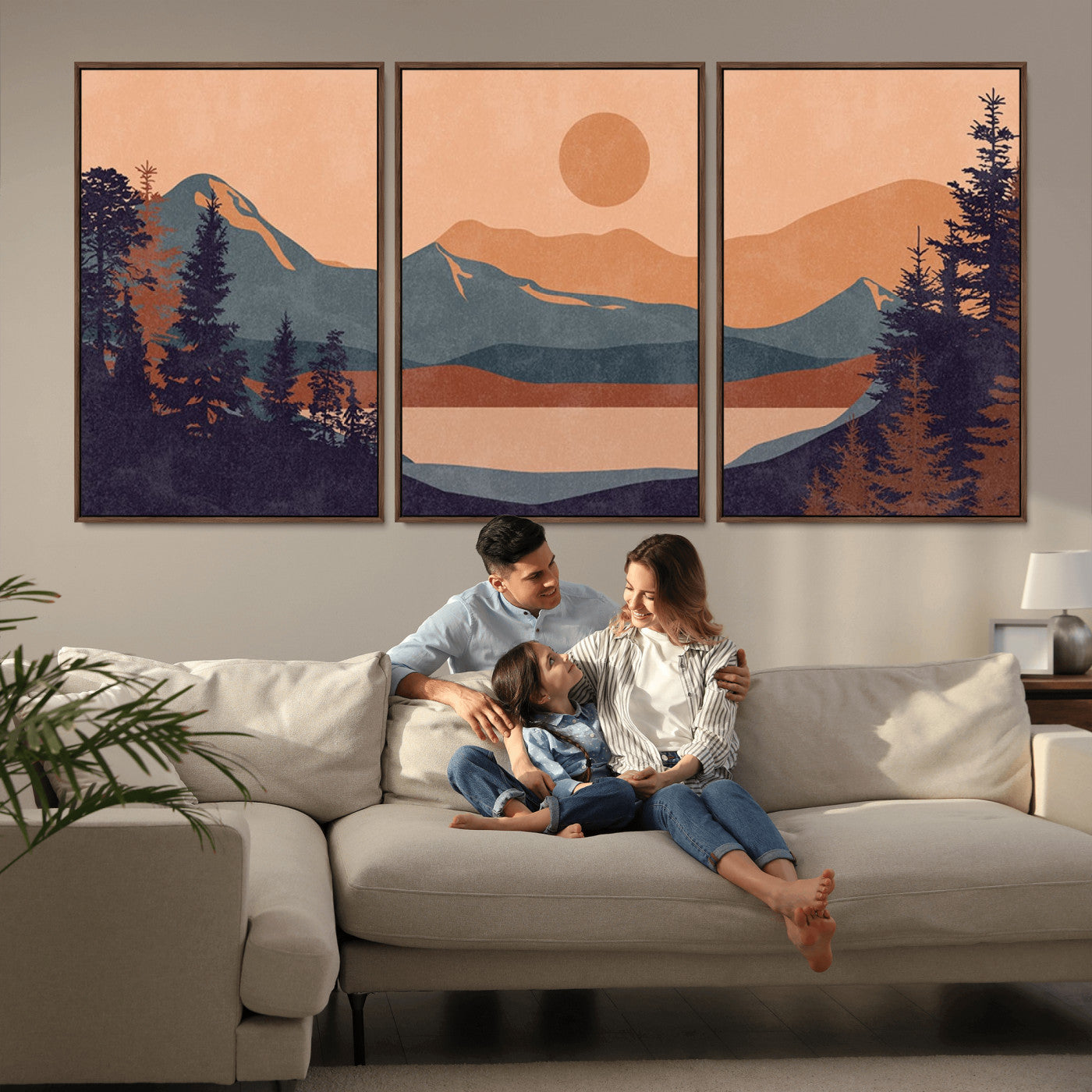 MGV-FC-60X30-3P - Modern Boho Sunset Canvas Print, Mountain Landscape Triptych – Giclée Canvas Art Print for Living