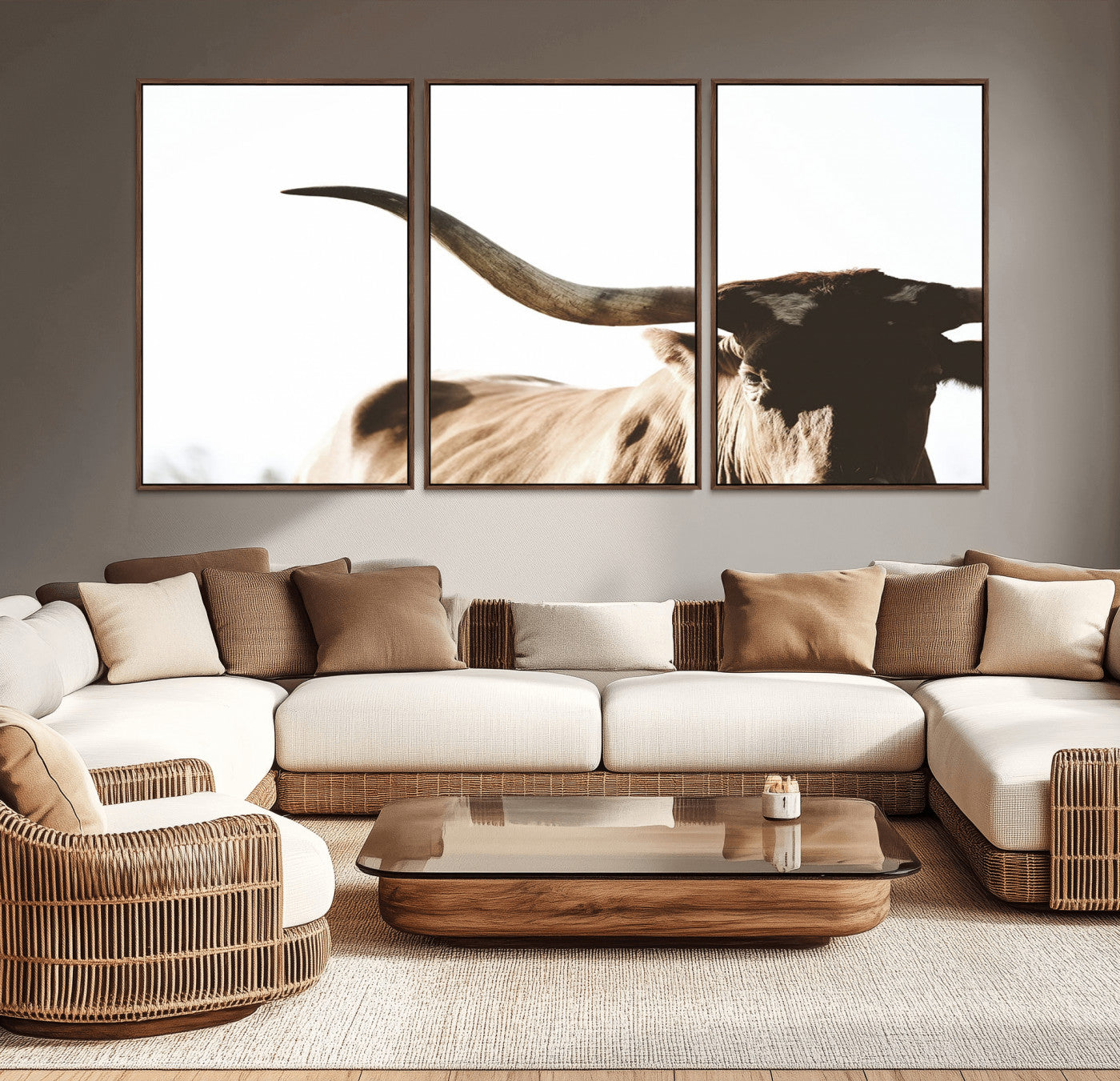 MGV-FC-60X30-3P - Texas Longhorn Wall Art Canvas Print | 3-Panel Large Longhorn Canvas Print for Living Room, Framed Gallery Wrap Office, Rustic Western Cowboy Decor