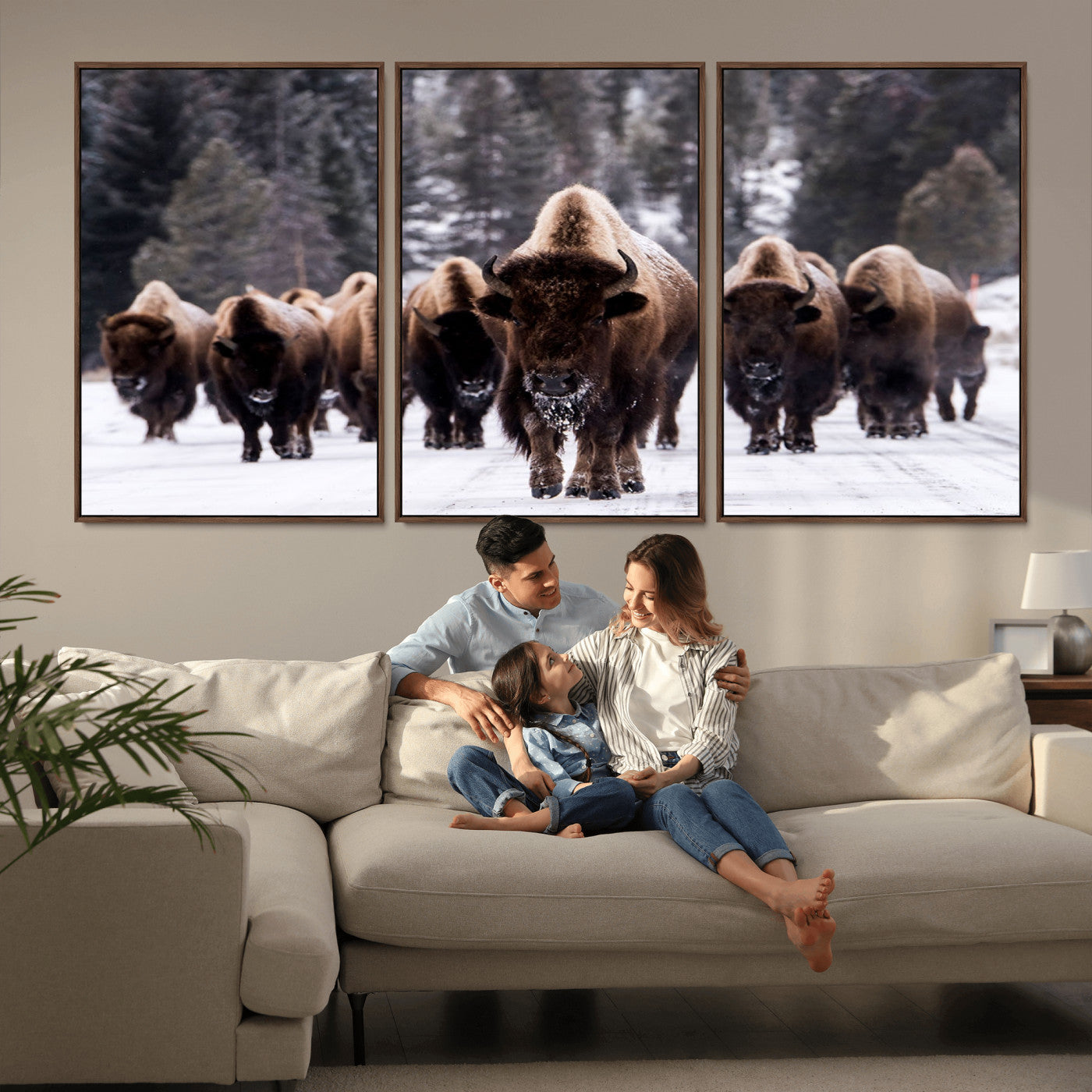 MGV-FC-60X30-3P - Bison Wall Art Canvas Print- Bison Herd Canvas Wall Art – Majestic Wildlife Photography – Framed and Ready to Hang Nature-Inspired Art - Buffalo Wall Art Print