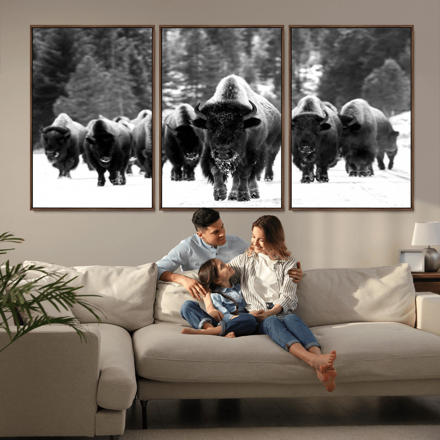 62434-MGV-CV-36X24-Bison Herd in Snow Wall Art Canvas Print | Rustic Western Bison Wall Art for Decor for Living Room,