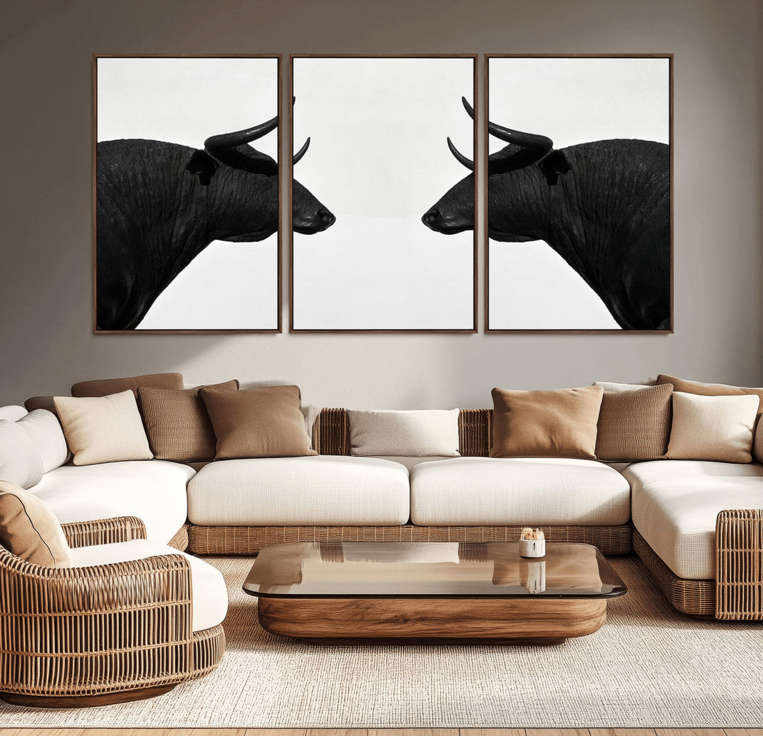 Spanish Bull Art - Framed Black and White Bull Canvas Print