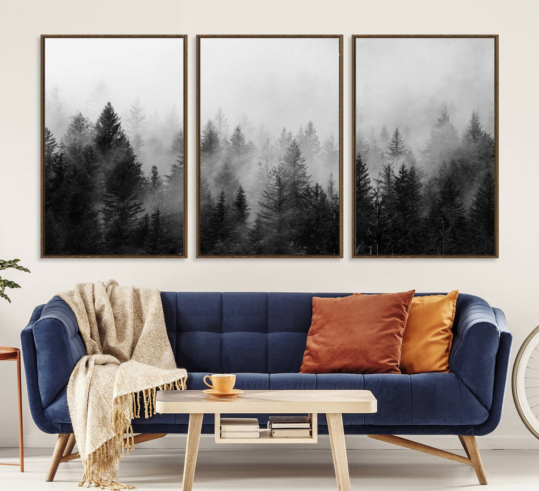 Black and white canvas art depicts a misty pine forest, offering a dense landscape that appeals to nature and woodland art lovers.